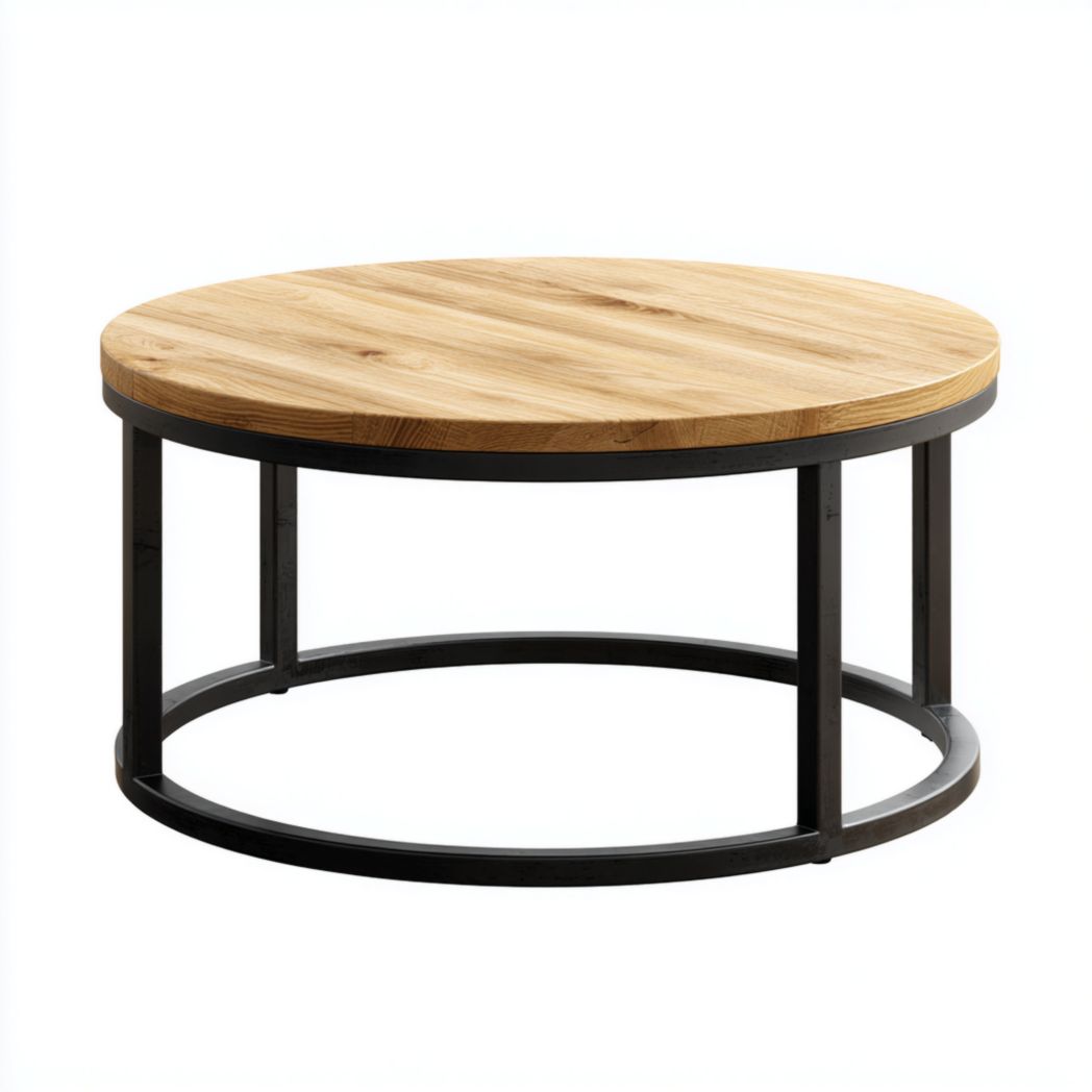 Table de Café Ronde en Chêne et Acier Noir-Amgefurniture