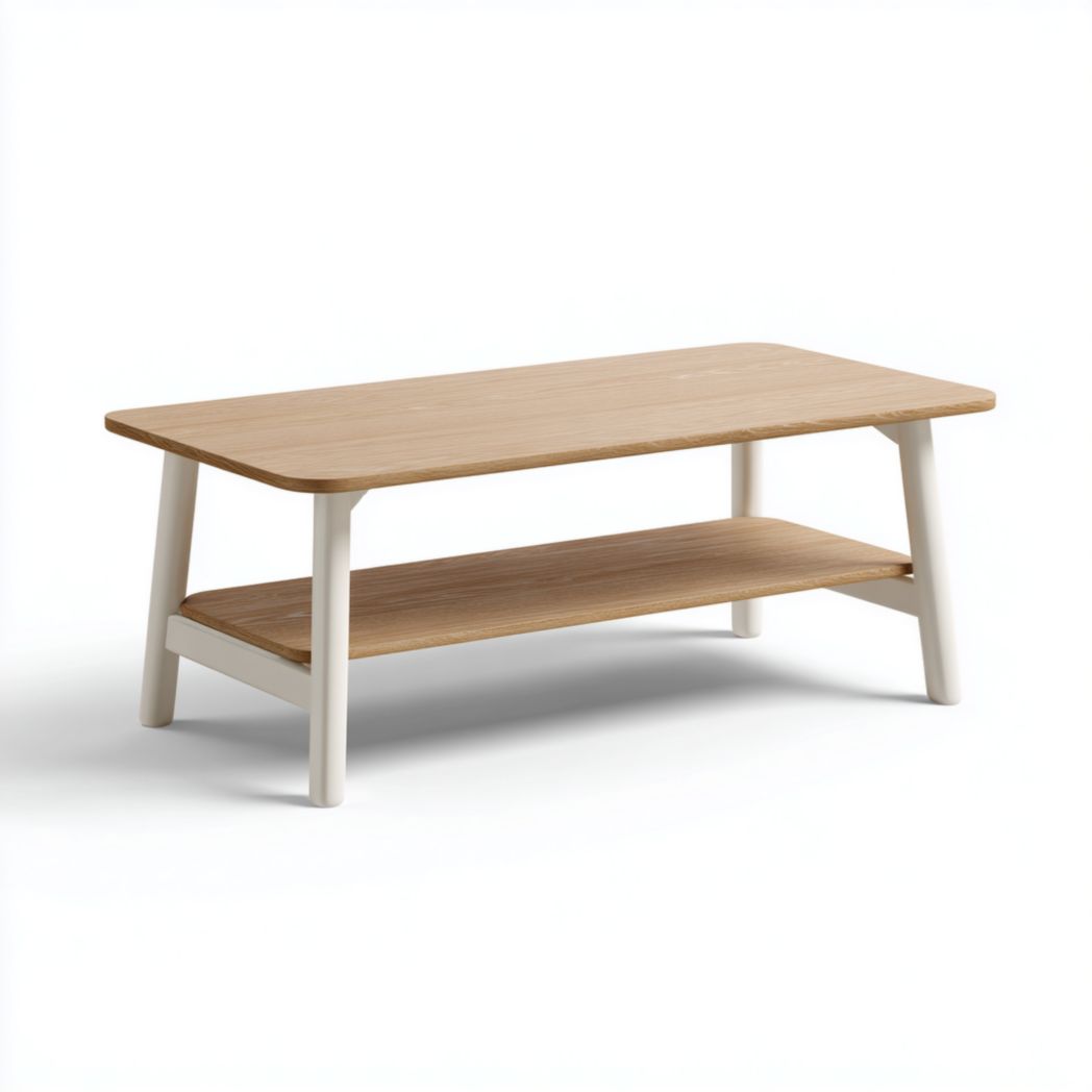 Table de Café Rectangulaire en Chêne avec Étagère et Pieds Blancs-Amgefurniture