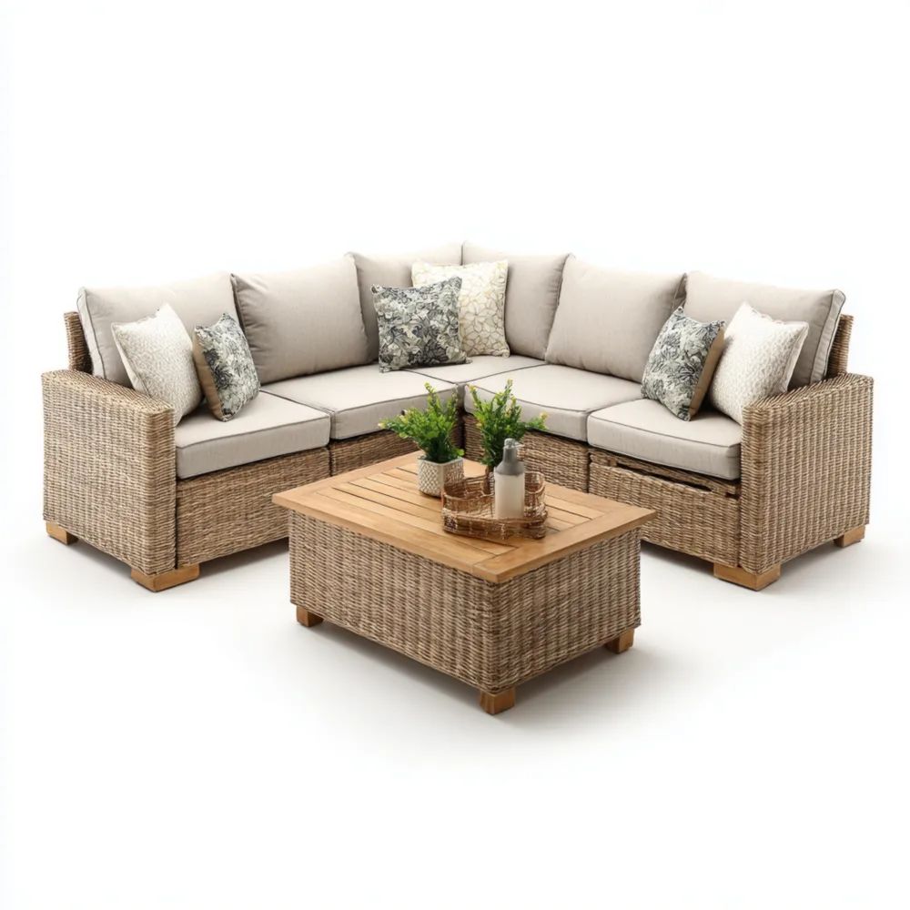 Set di divani da esterno in rattan naturale 200x200x70 cm con tavolino 80x80x40 cm – Beige – Design contemporaneo