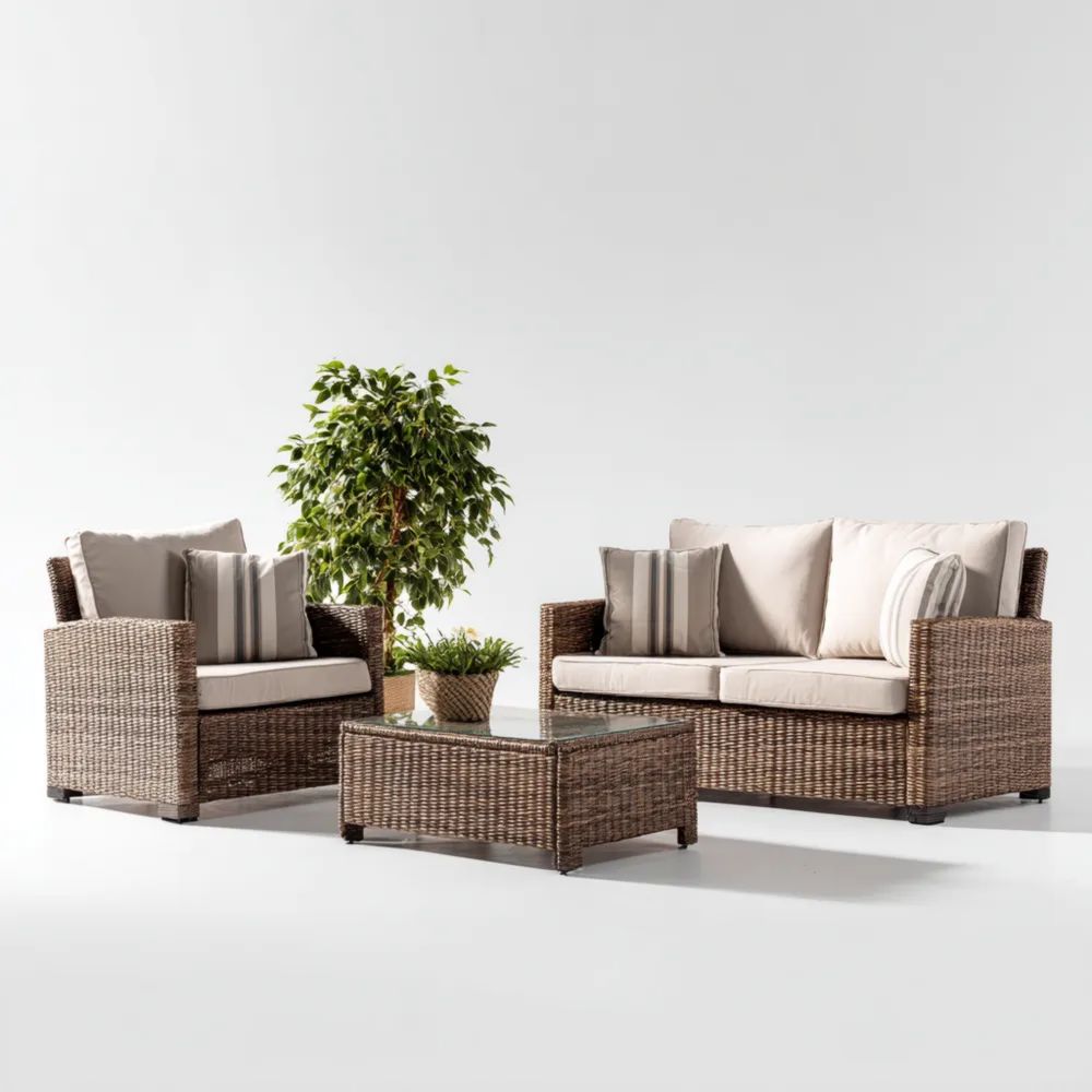 Set di divani da esterno in rattan intrecciato 120x75x73 cm con cuscini in tessuto Beige