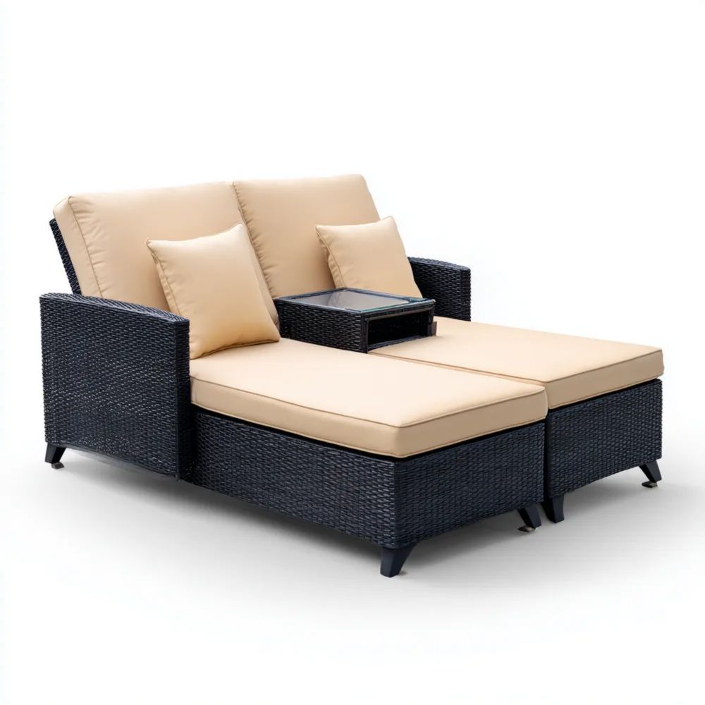 Lettini prendisole in rattan sintetico 200x150x85 cm con cuscini Beige/Nero doppio seduta moderna