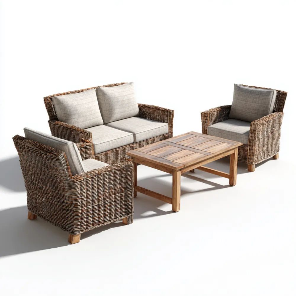Set di divani in rattan 140x75x85 cm con tavolino 110x60x40 cm in legno - Beige/Marrone - Design rustico