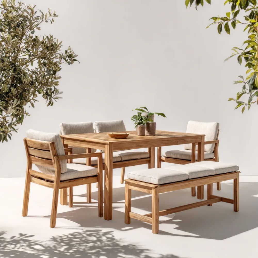 Set tavolo e sedie da giardino in legno di teak - 180x90x75 cm - Crema - Design Moderno