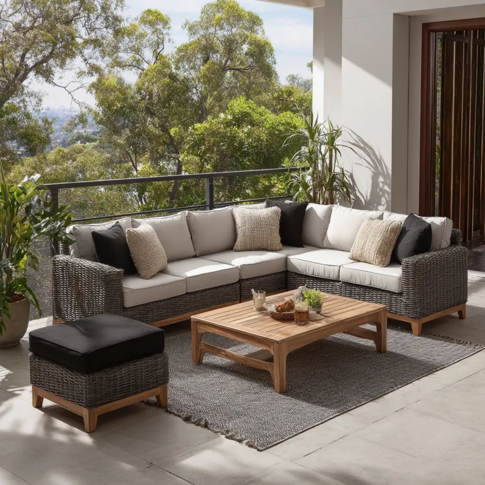 Set divano da esterno in rattan 240x240x85 cm con cuscini Crema/Grigio moderno