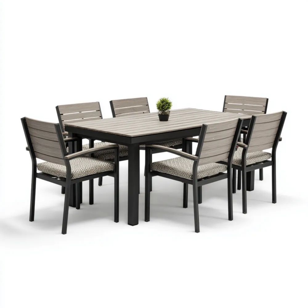 Set tavolo e sedie da giardino in metallo e legno 150x90x75 cm - Marrone - Design moderno