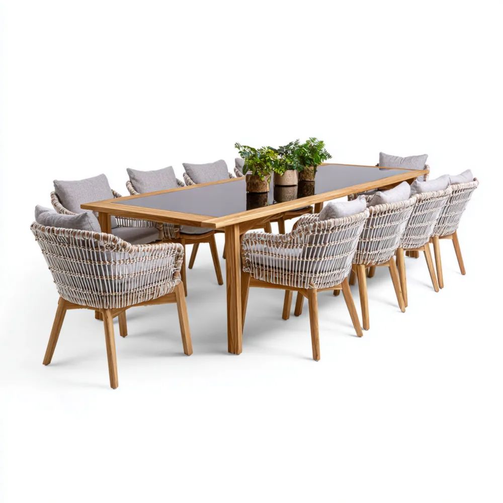 Set tavolo e sedie da esterno in legno e rattan 280x100x75 cm - Stile contemporaneo