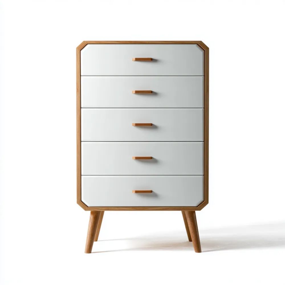 Cassettiera in Legno 5 Cassetti 60x40x115 cm - Bianco/Naturale - Design Moderno