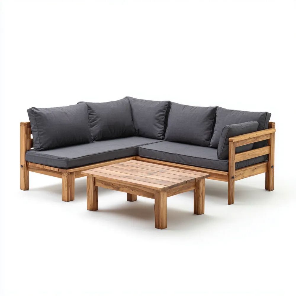 Set di divani da esterno in legno di acacia 182x182x70 cm con cuscini Grigio/Naturale - Design modulare