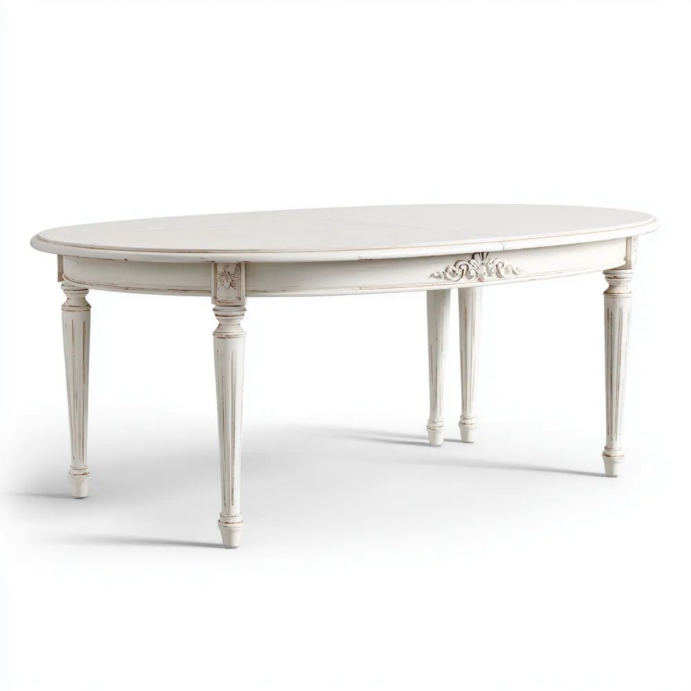 Tavolo da pranzo ovale 180x90x75 cm - Legno massello – Bianco antico – Stile classico