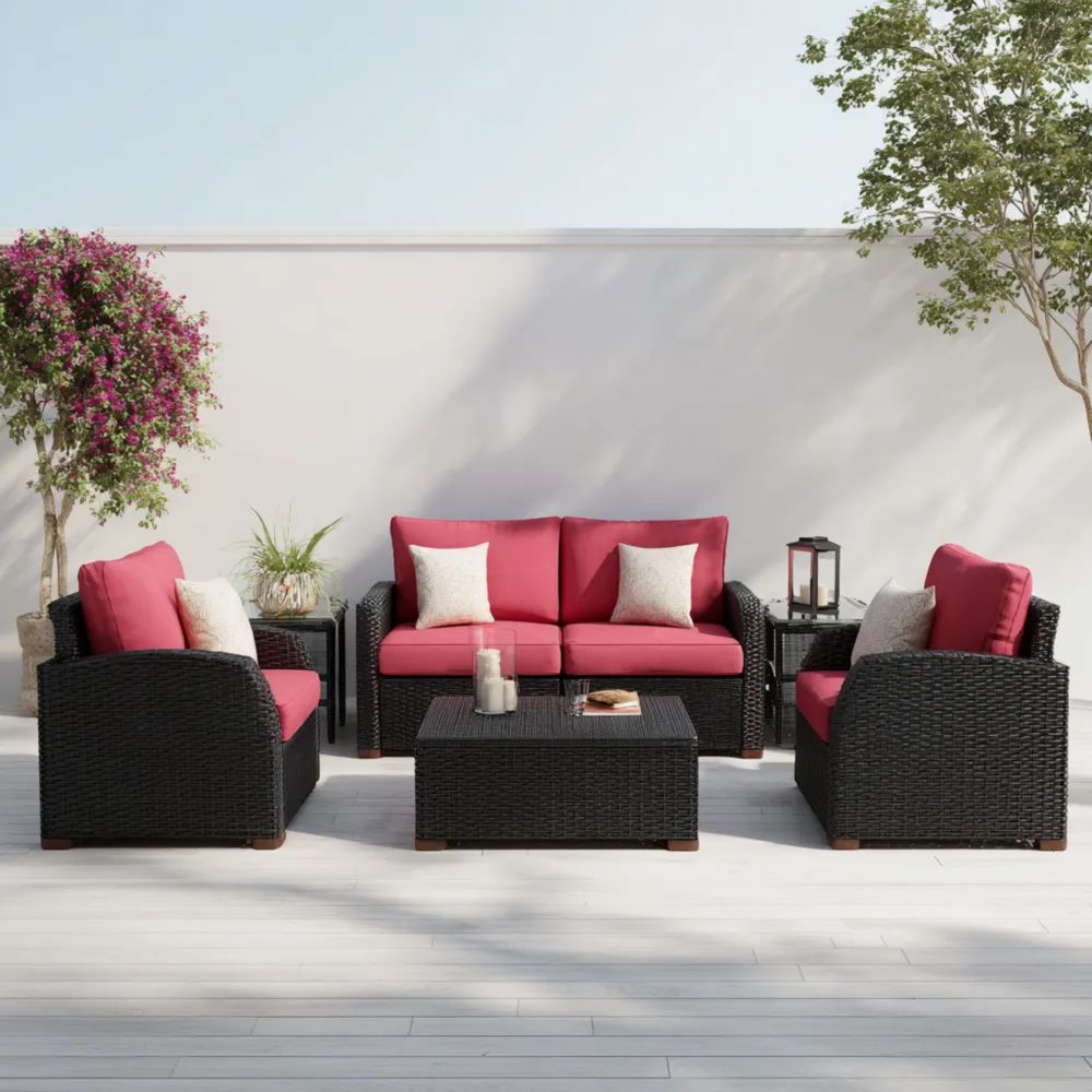 Set di divani da esterno in rattan 120x80x78 cm - Nero e Rosso - Design moderno