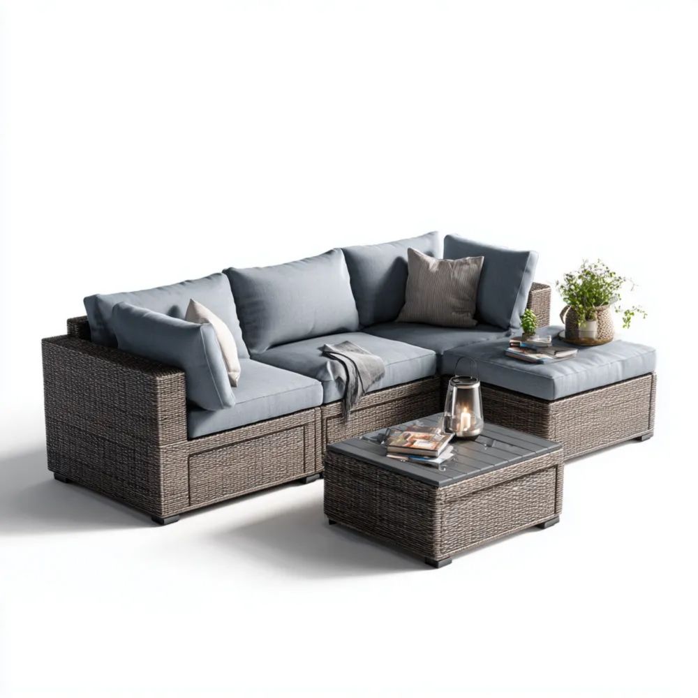 Set Divano da Esterno in Rattan Sintetico 210x140x65 cm Grigio con Cuscini Grigi