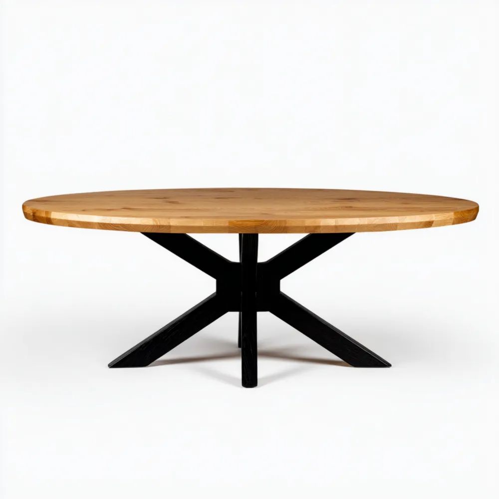 Tavolo da pranzo rotondo 150x150x75 cm in legno massiccio - Marrone/Nero - Design industriale