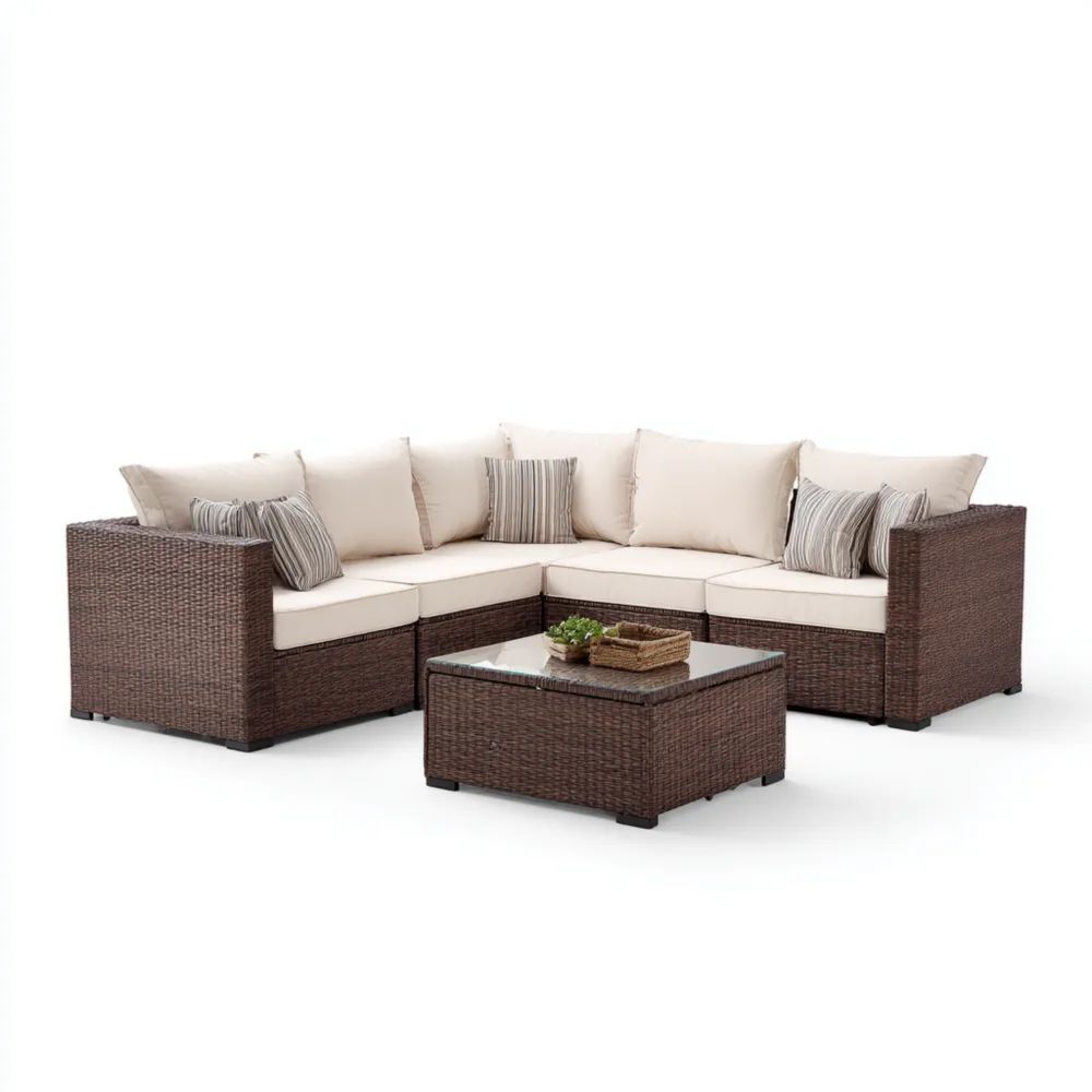 Set di divani da esterno in rattan intrecciato 250x200x65 cm con cuscini Crema