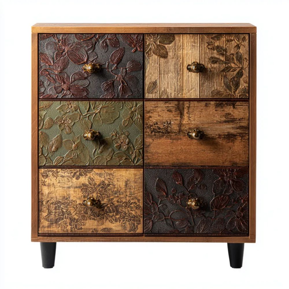 Cassettiera in legno intagliato multicolore in stile vintage 60x30x70 cm