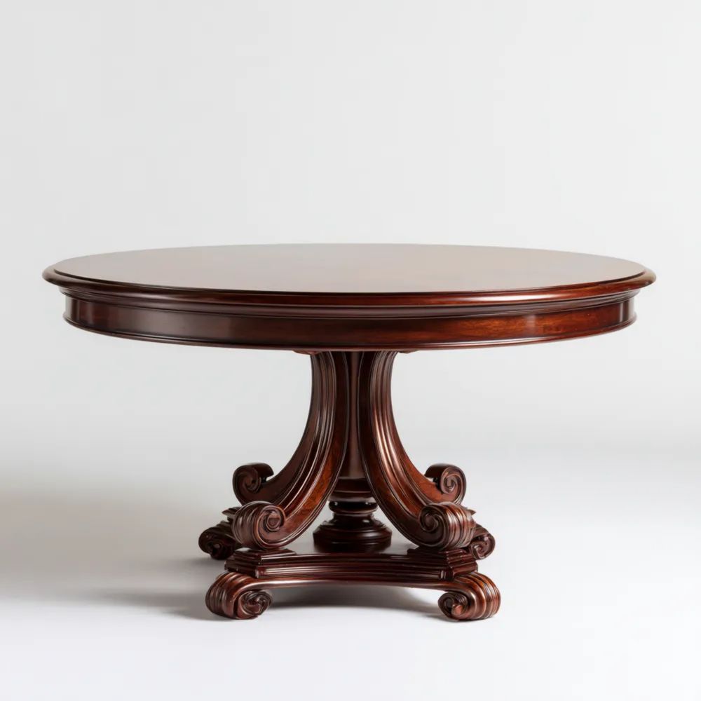 Tavolo da pranzo rotondo in legno intagliato Mogano – 150x150x75 cm – Stile classico