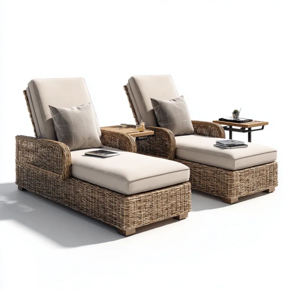 Lettini prendisole set di 2 in rattan sintetico 200x70x90 cm con cuscini Beige - Design moderno
