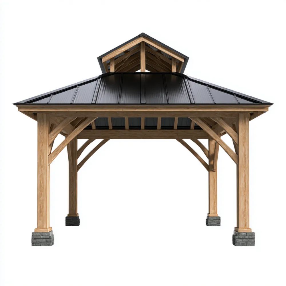 Gazebo in Legno con Tetto in Metallo 350x450x350 cm - Design Rustico
