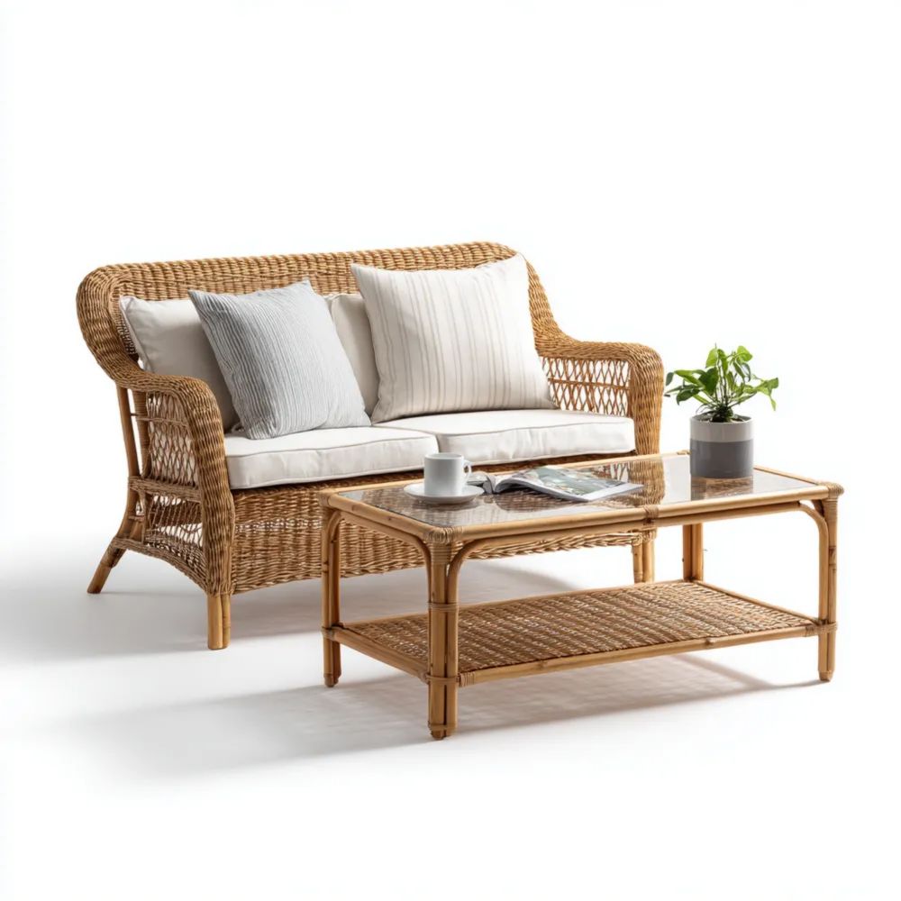 Set di divani da esterno in rattan 120x60x75 cm e tavolino 100x50x45 cm – Naturale/Bianco