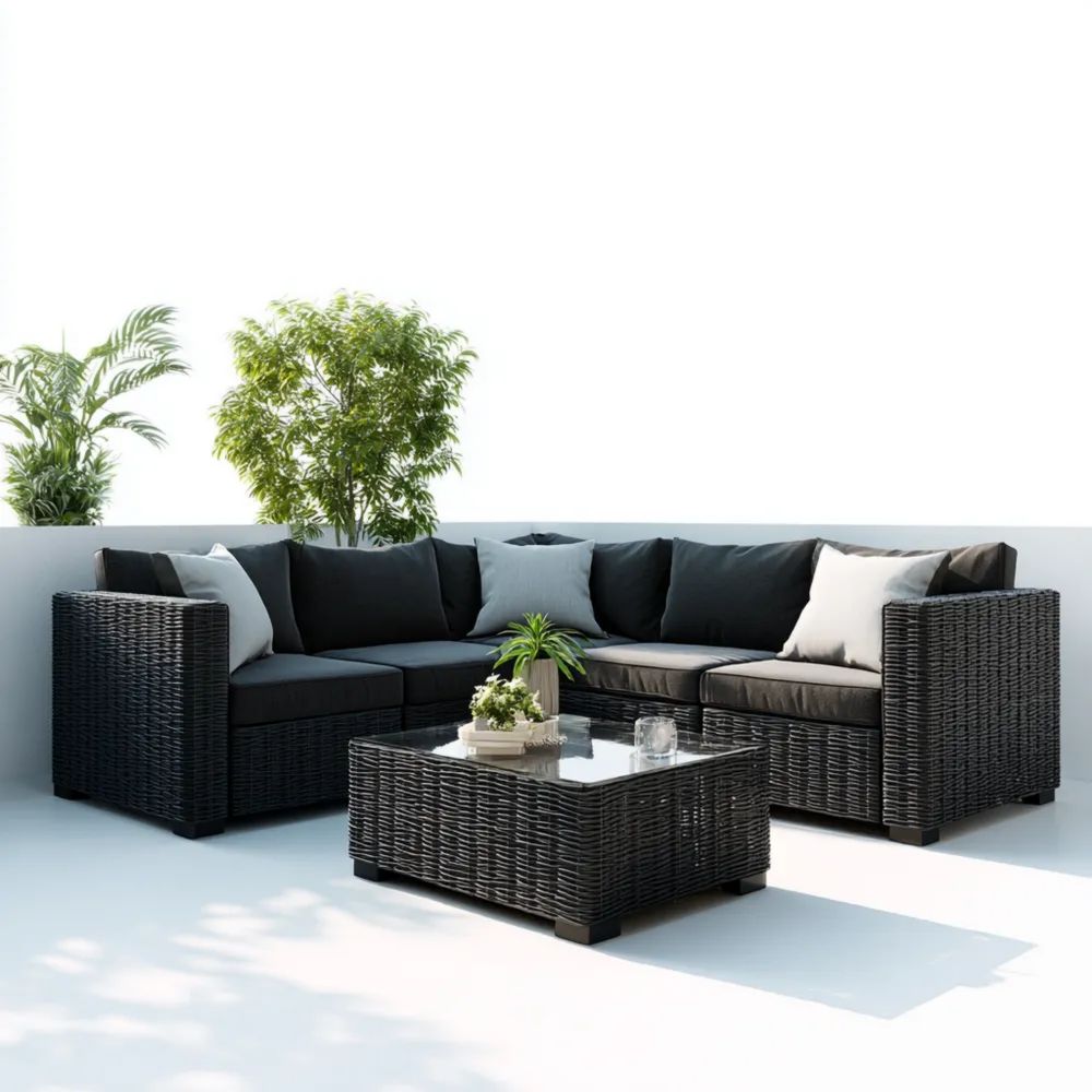 Set di divani da esterno in rattan 195x70x64 cm - Nero - Design Contemporaneo