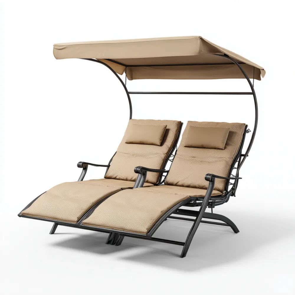 Lettino prendisole doppio con tettoia regolabile 200x130x160 cm - Acciaio e tessuto - Beige