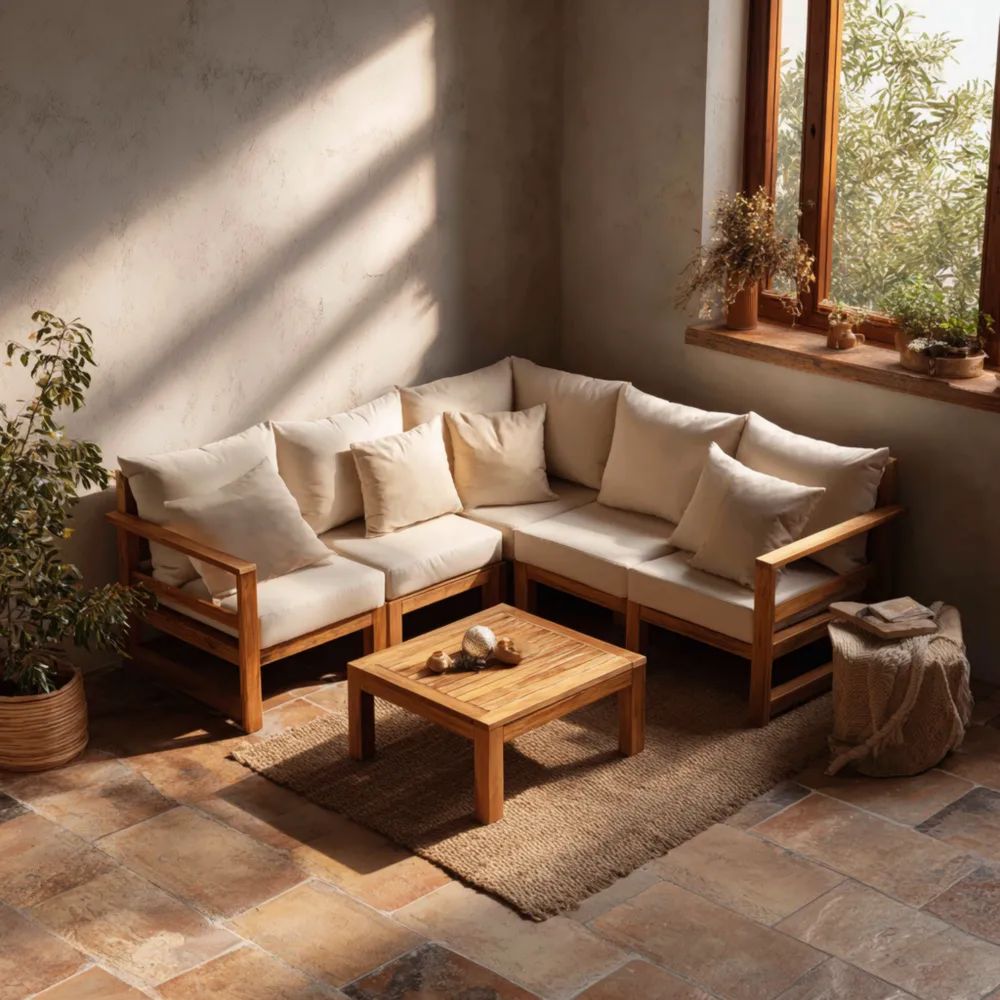 Set di divani ad angolo in legno e tessuto 200x200x75 cm per esterno – Crema – Design moderno