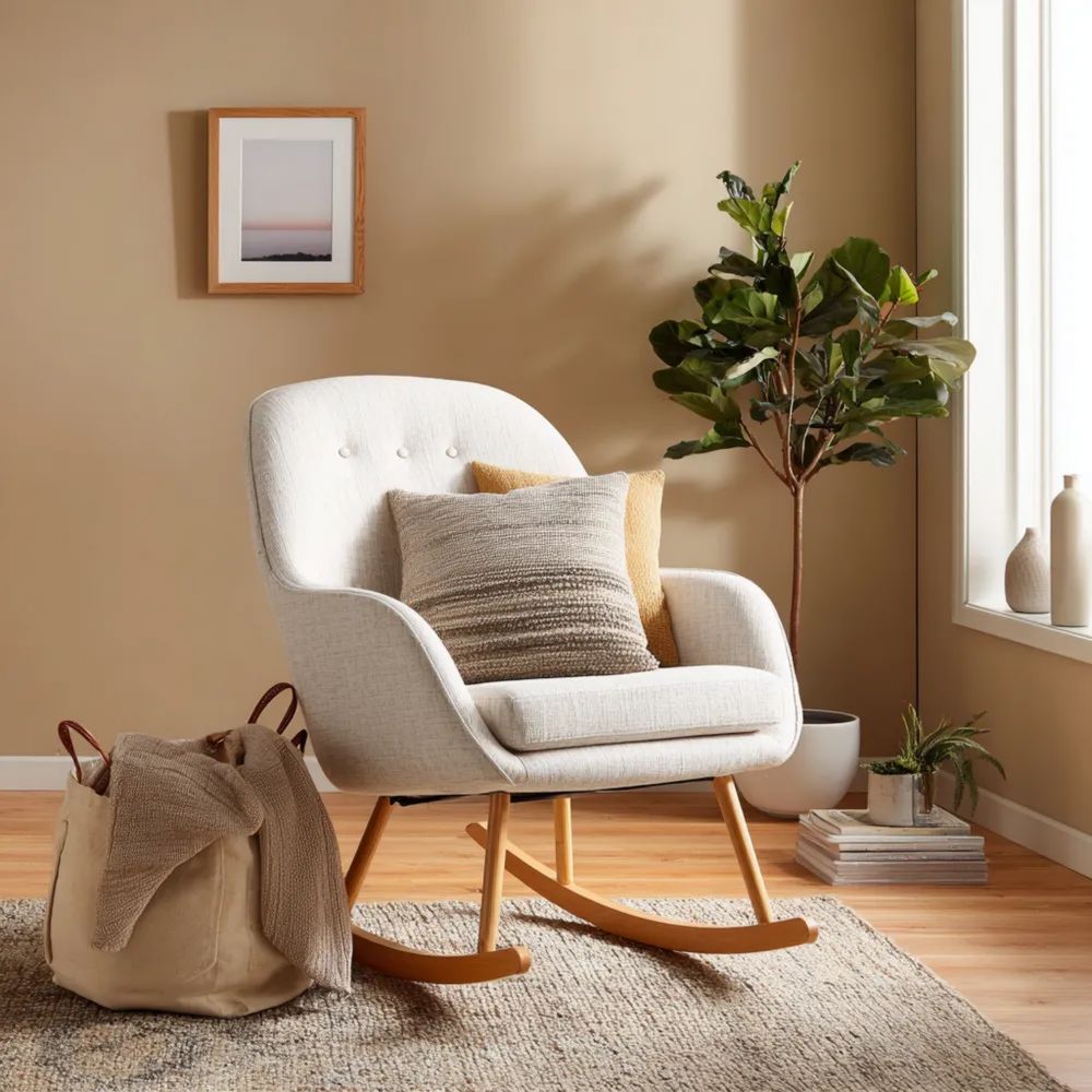 Sedia a dondolo imbottita tessuto Beige 70x90x85 cm – Design moderno