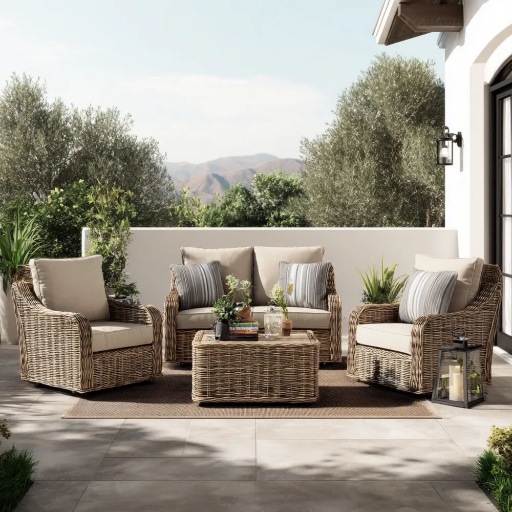 Set di divani da esterno in rattan intrecciato 130x75x85 cm - Cuscini Beige - Stile Rustico