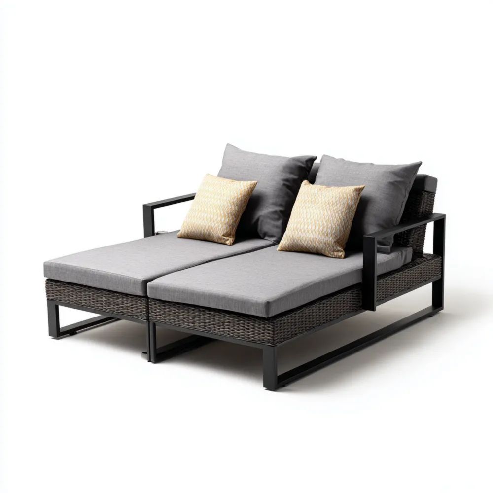 Lettino Prendisole in Rattan 200x160x70 cm - Grigio - Design Moderno