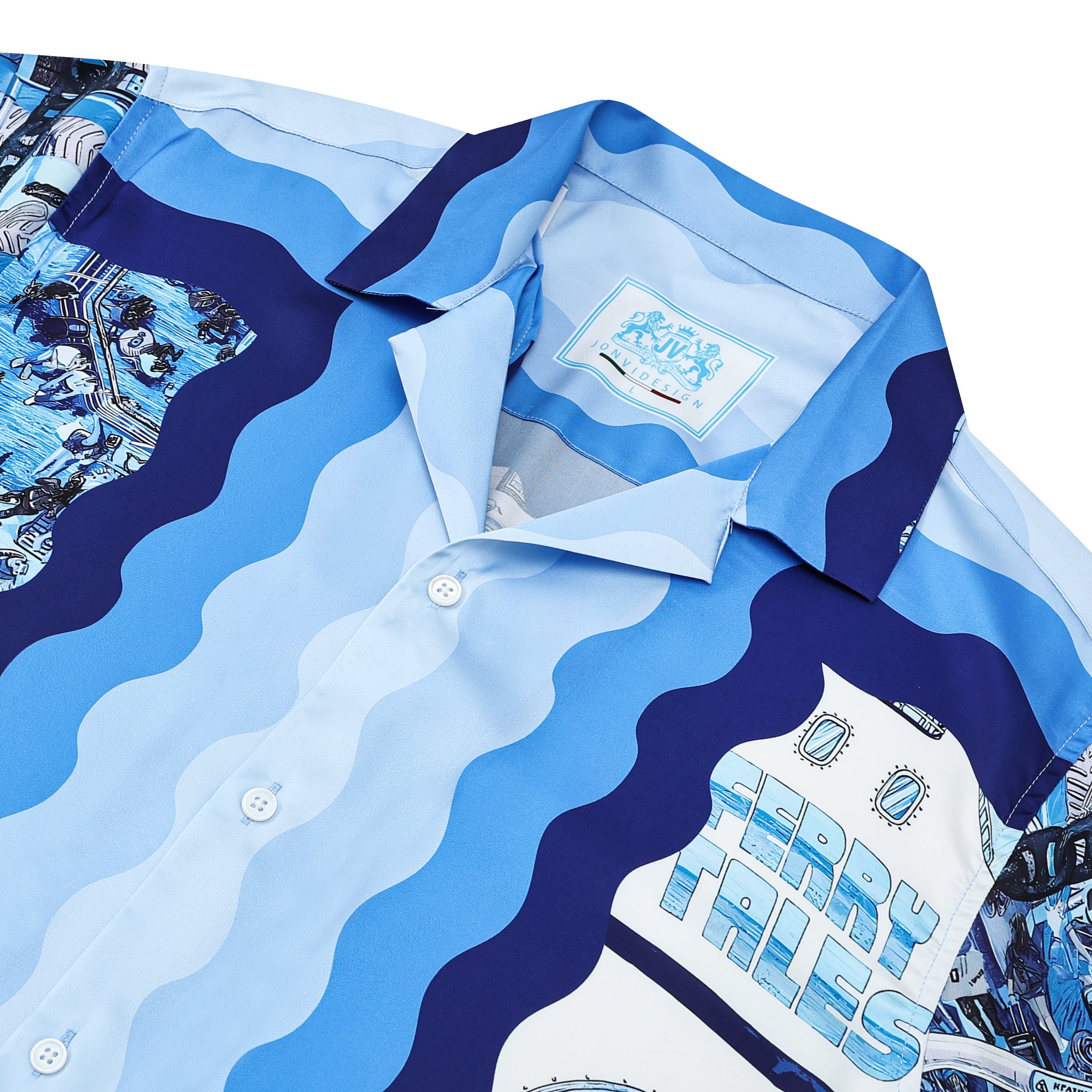 Blue Ferry Pattern Camp Collar Casual Shirt for Men Jonvidesign