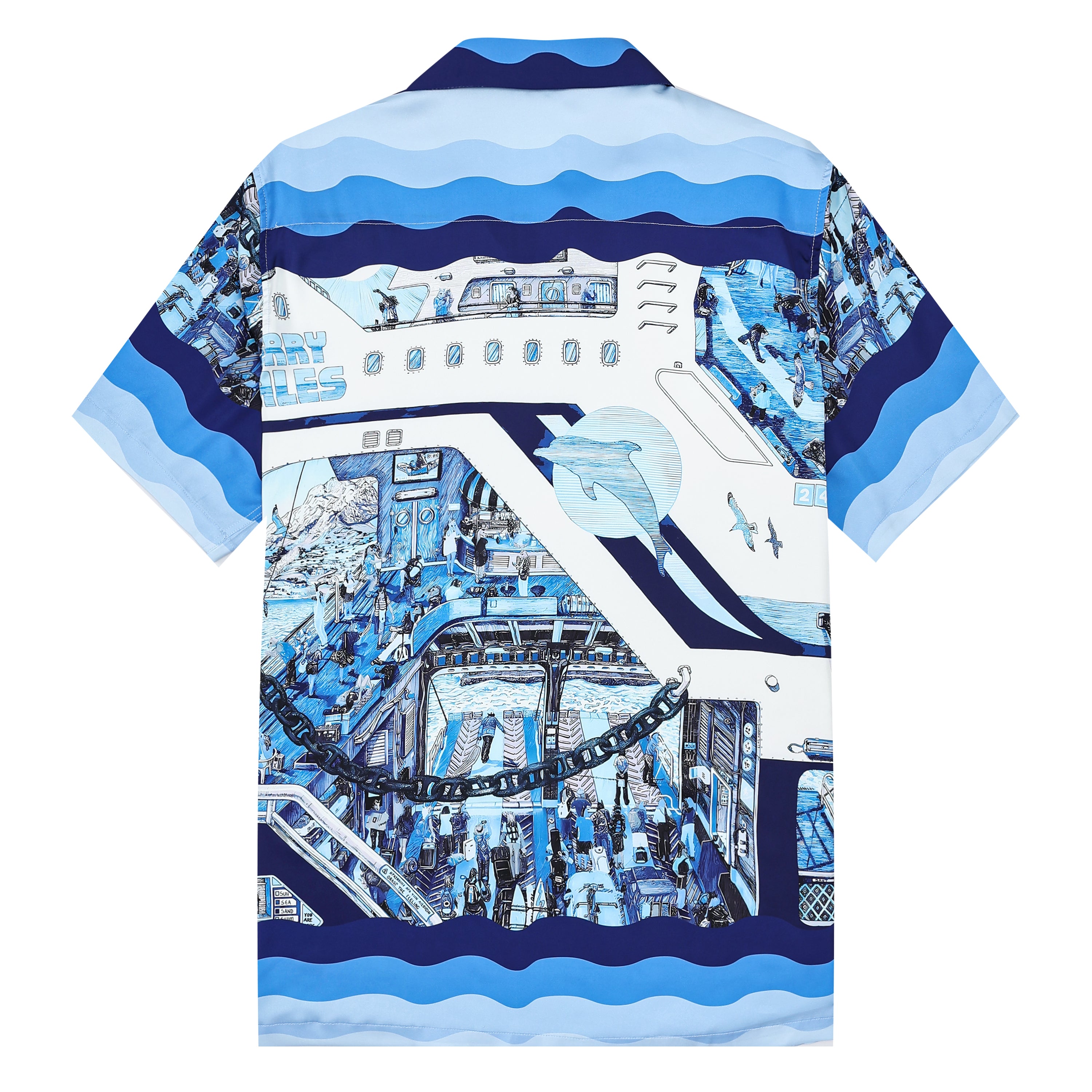 Blue Ferry Pattern Camp Collar Casual Shirt for Men Jonvidesign