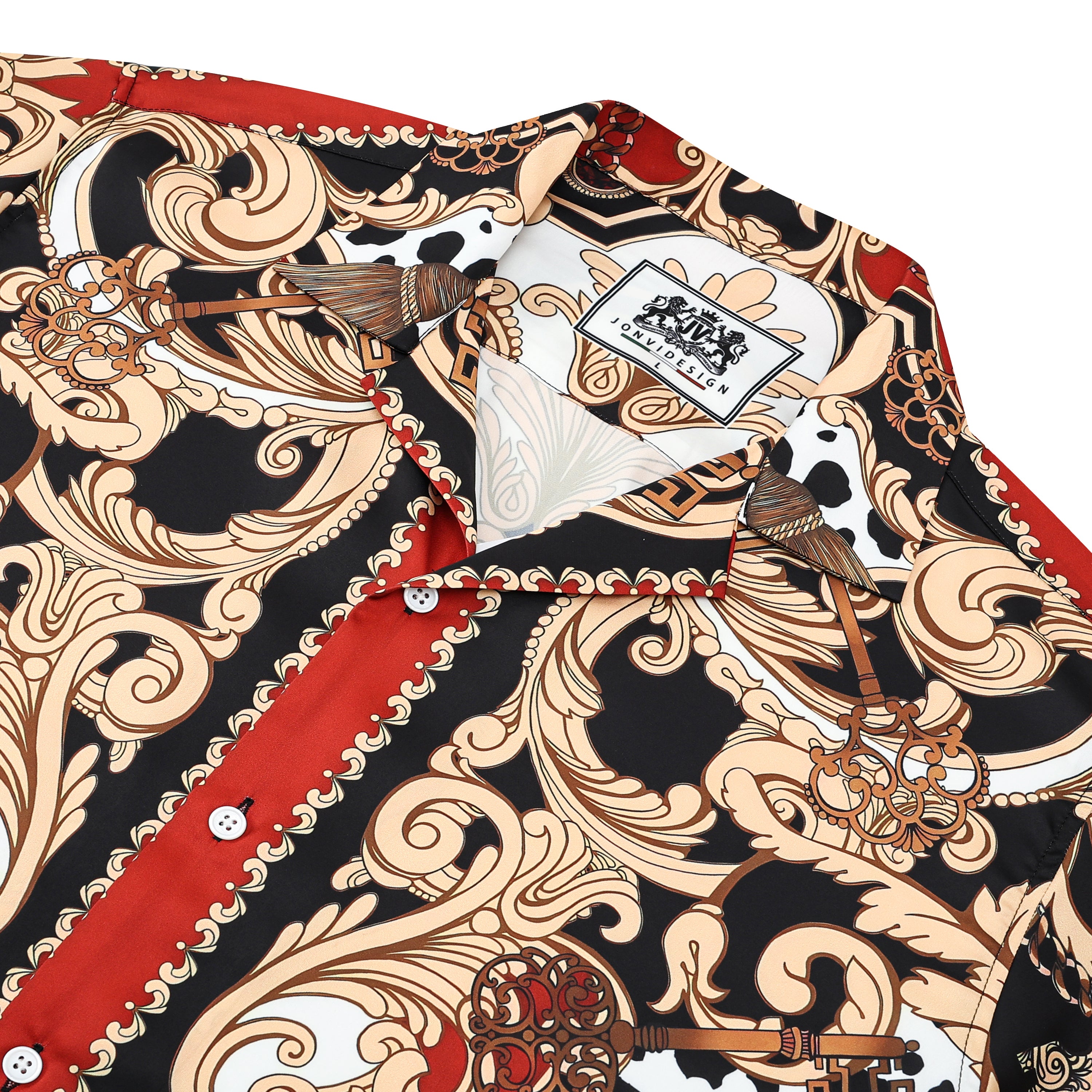 Red Baroque Pattern Camp Collar Casual Shirt for Men Jonvidesign