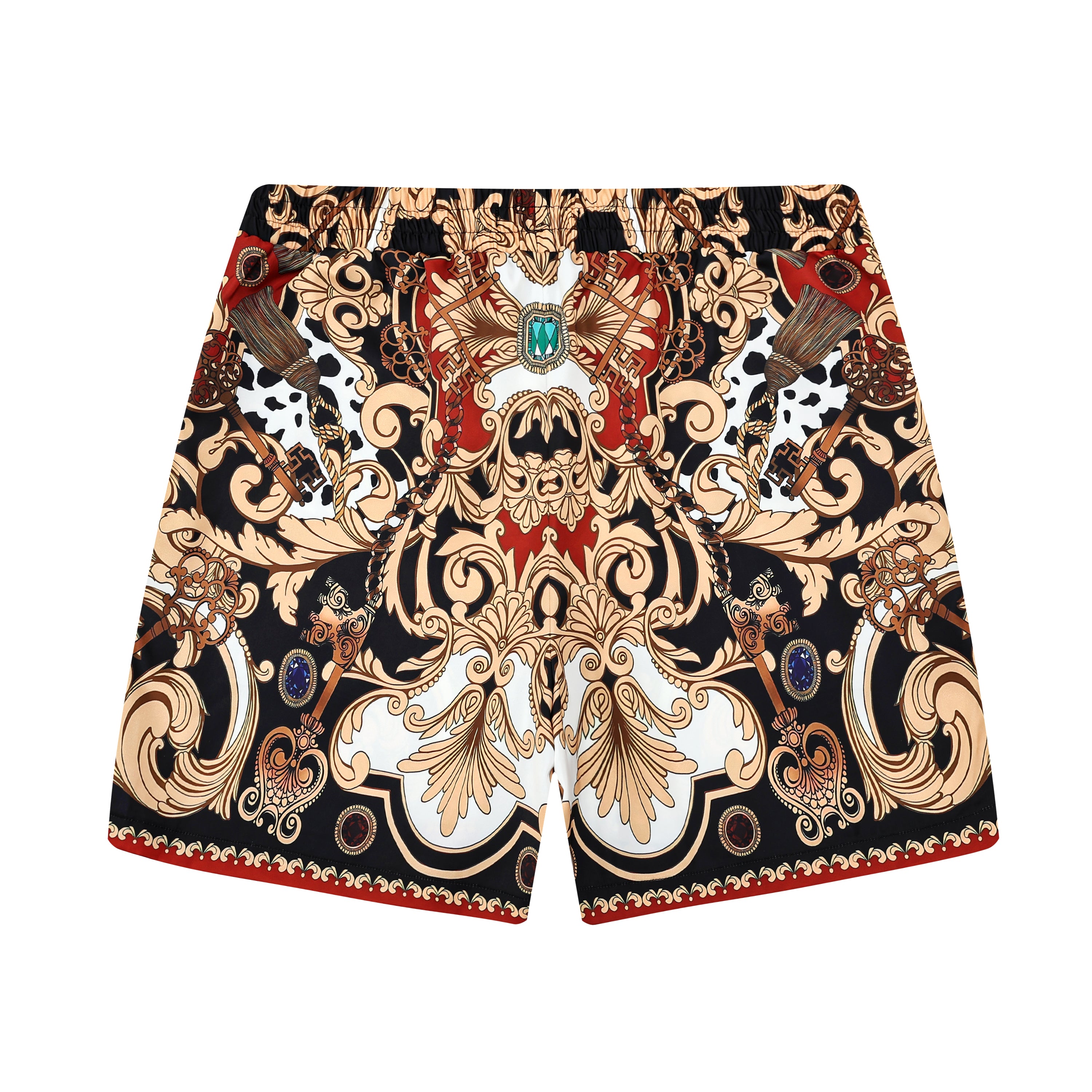 Baroque Pattern Drawstring-Free Casual Shorts in Red Jonvidesign
