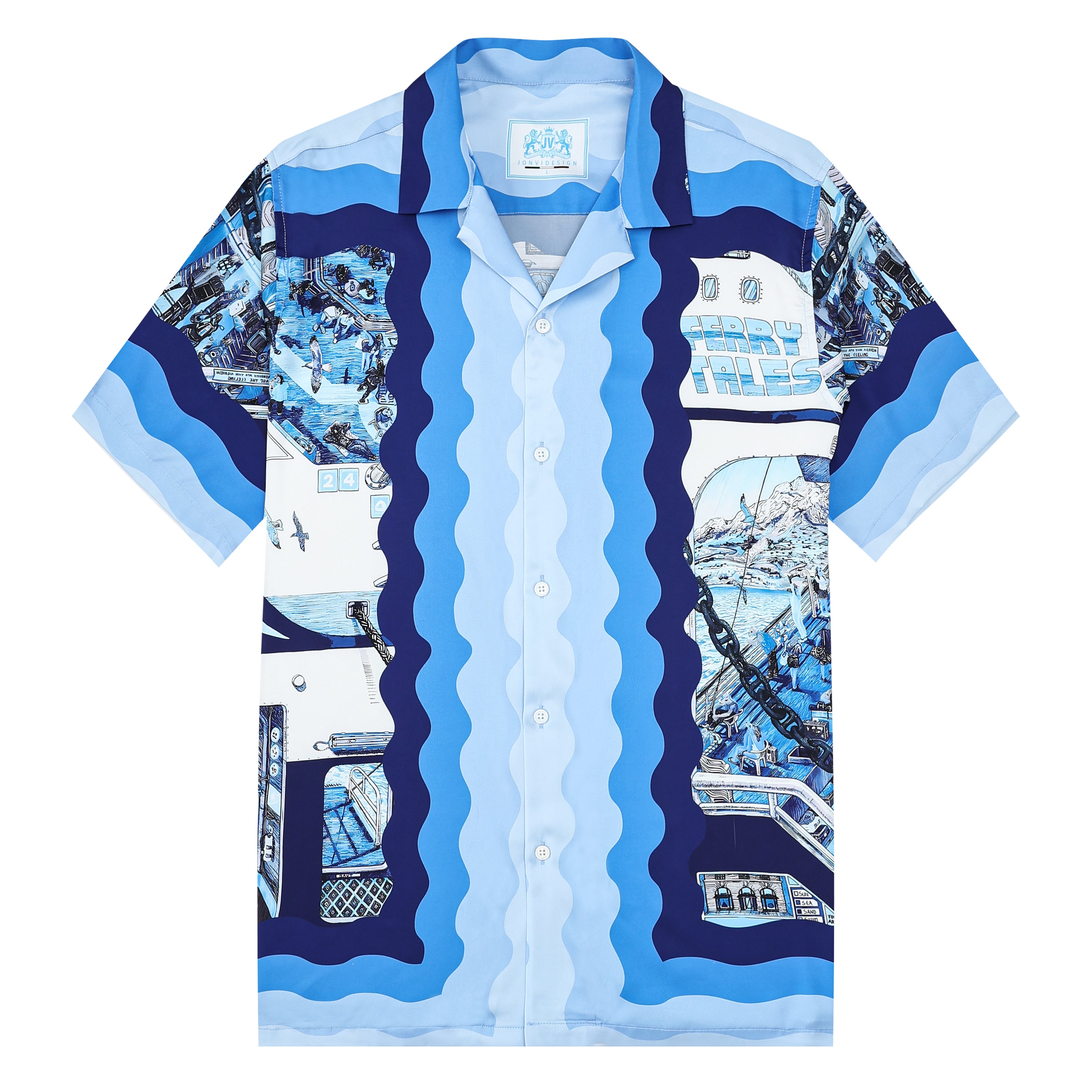 Blue Ferry Pattern Camp Collar Casual Shirt for Men Jonvidesign