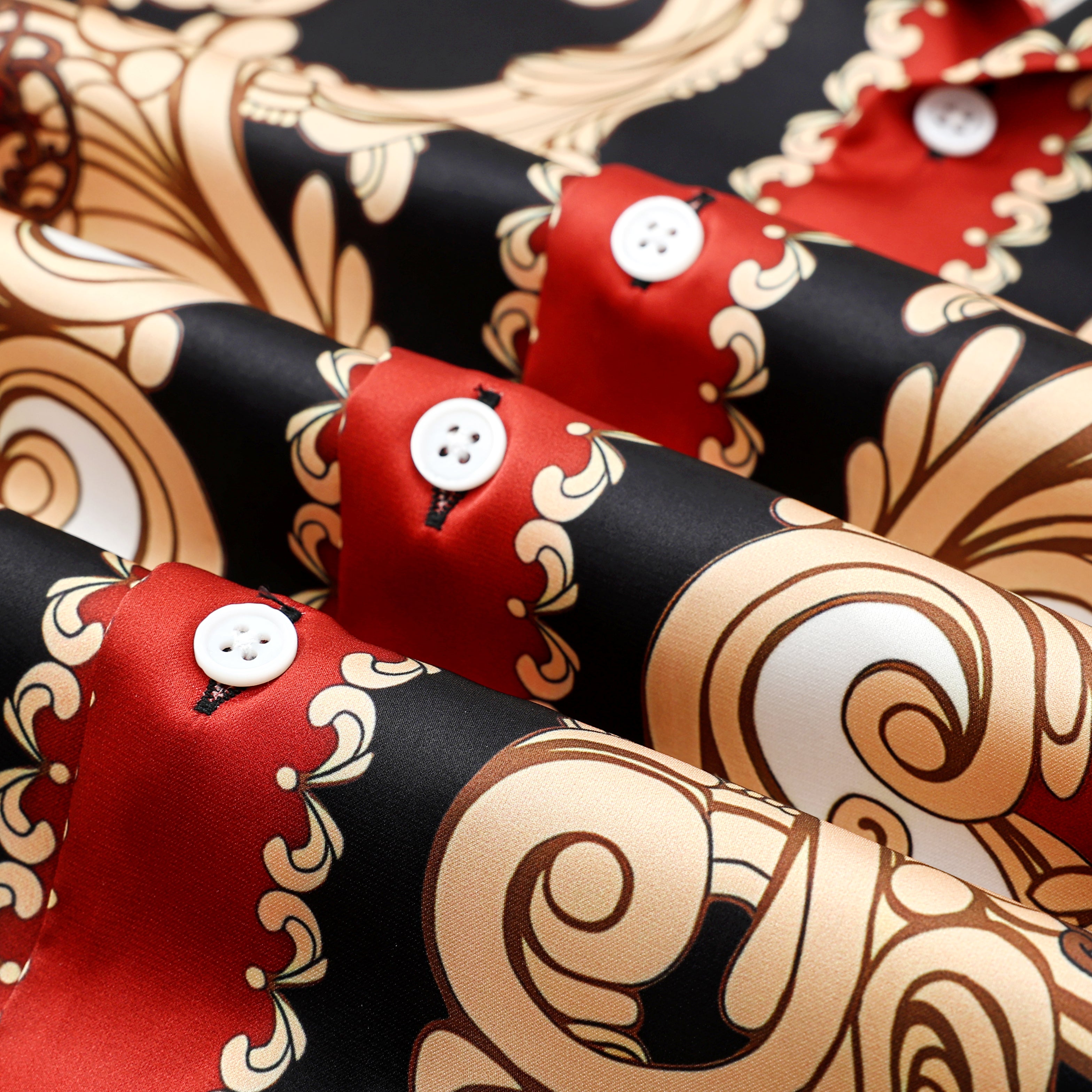 Red Baroque Pattern Camp Collar Casual Shirt for Men Jonvidesign