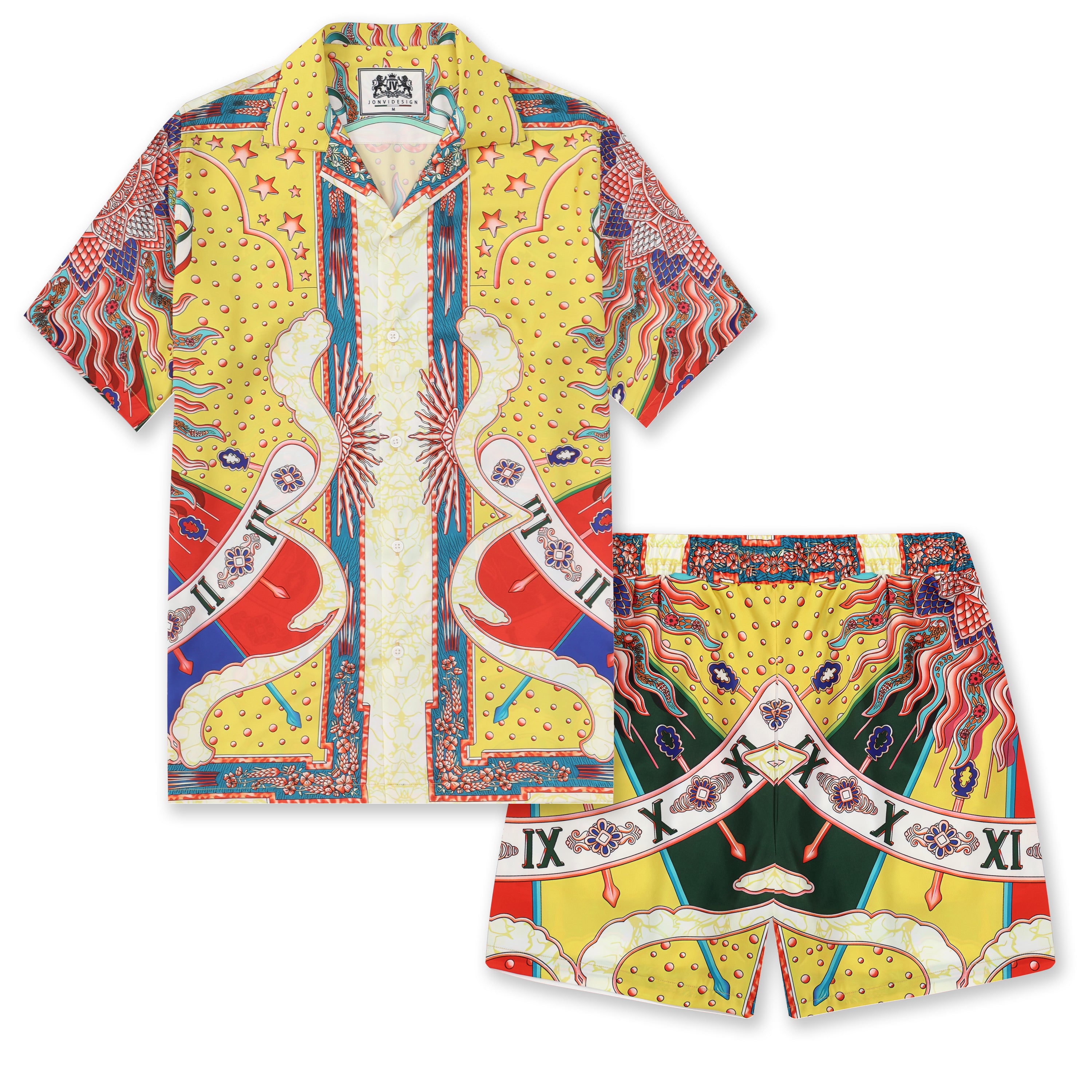 Yellow Star and Moon Pattern Camp Collar Shirt Jonvidesign