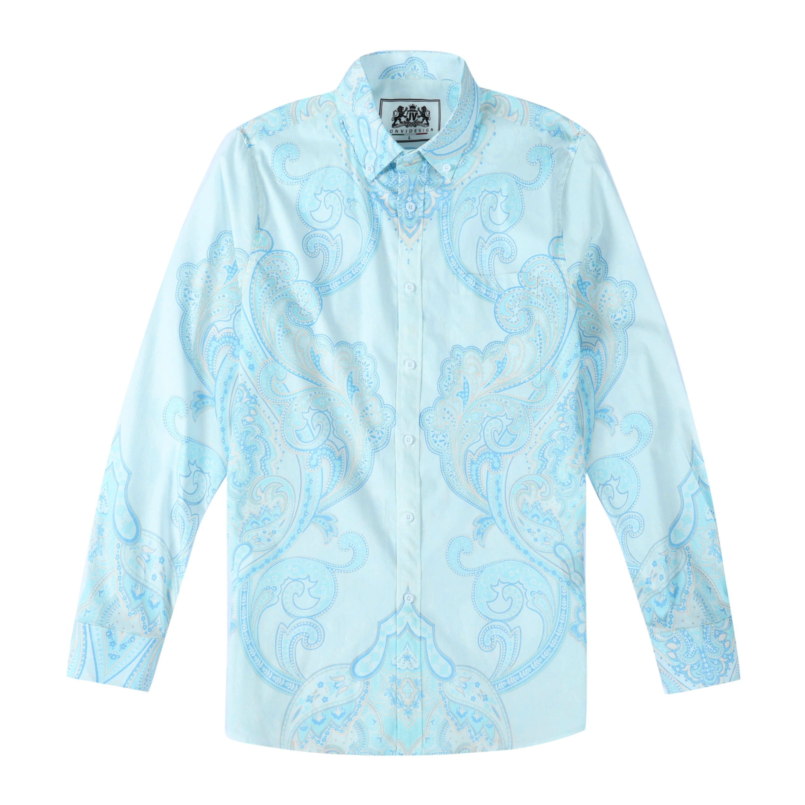 Blue Paisley Design Button Down Long Sleeve Casual Shirt Jonvidesign