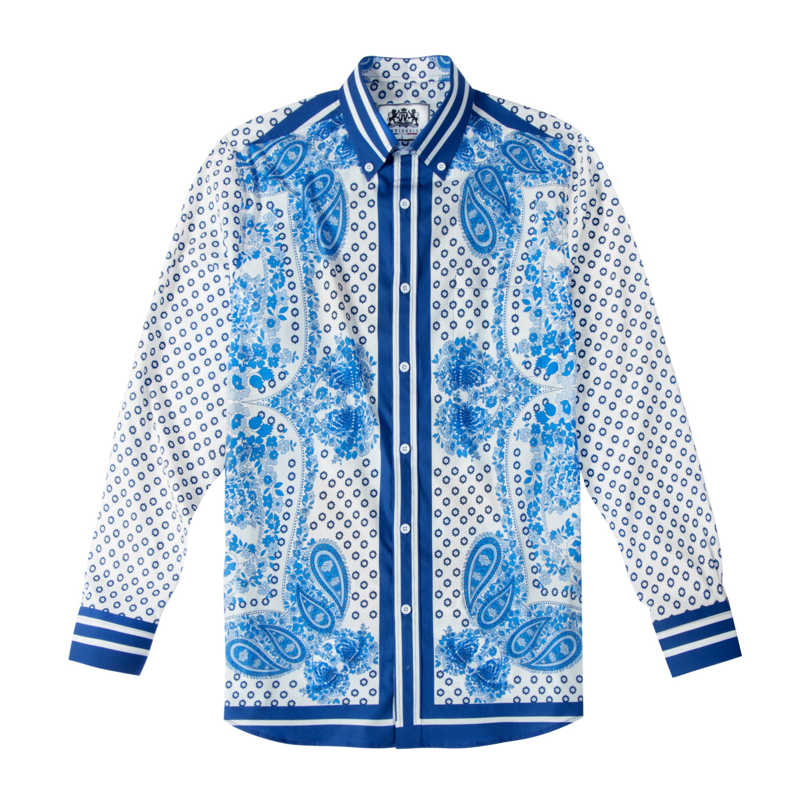 Blue Paisley Gear Pattern Long Sleeve Button Down Shirt Jonvidesign