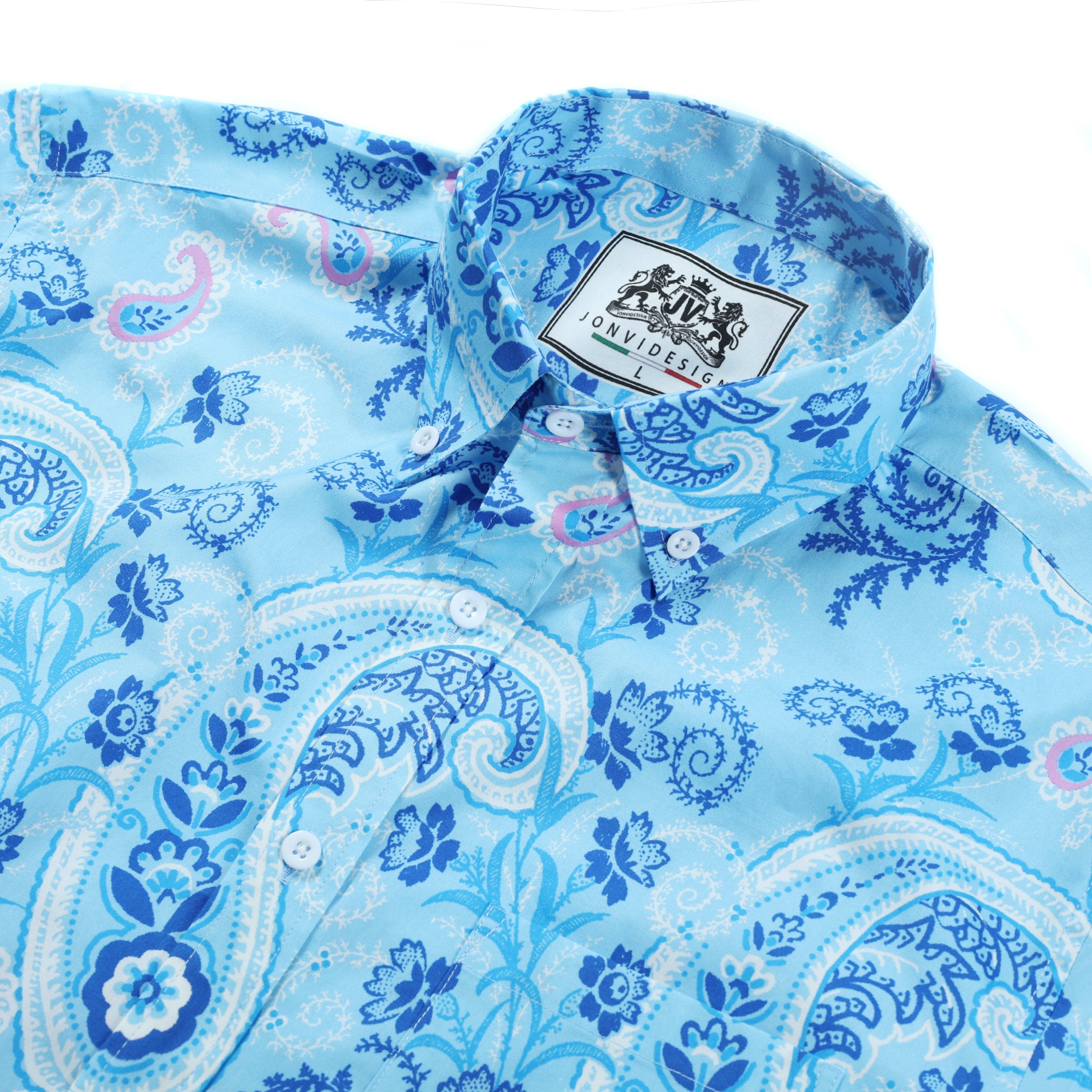 Blue Paisley Print Button Down Long Sleeve Casual Shirt Jonvidesign