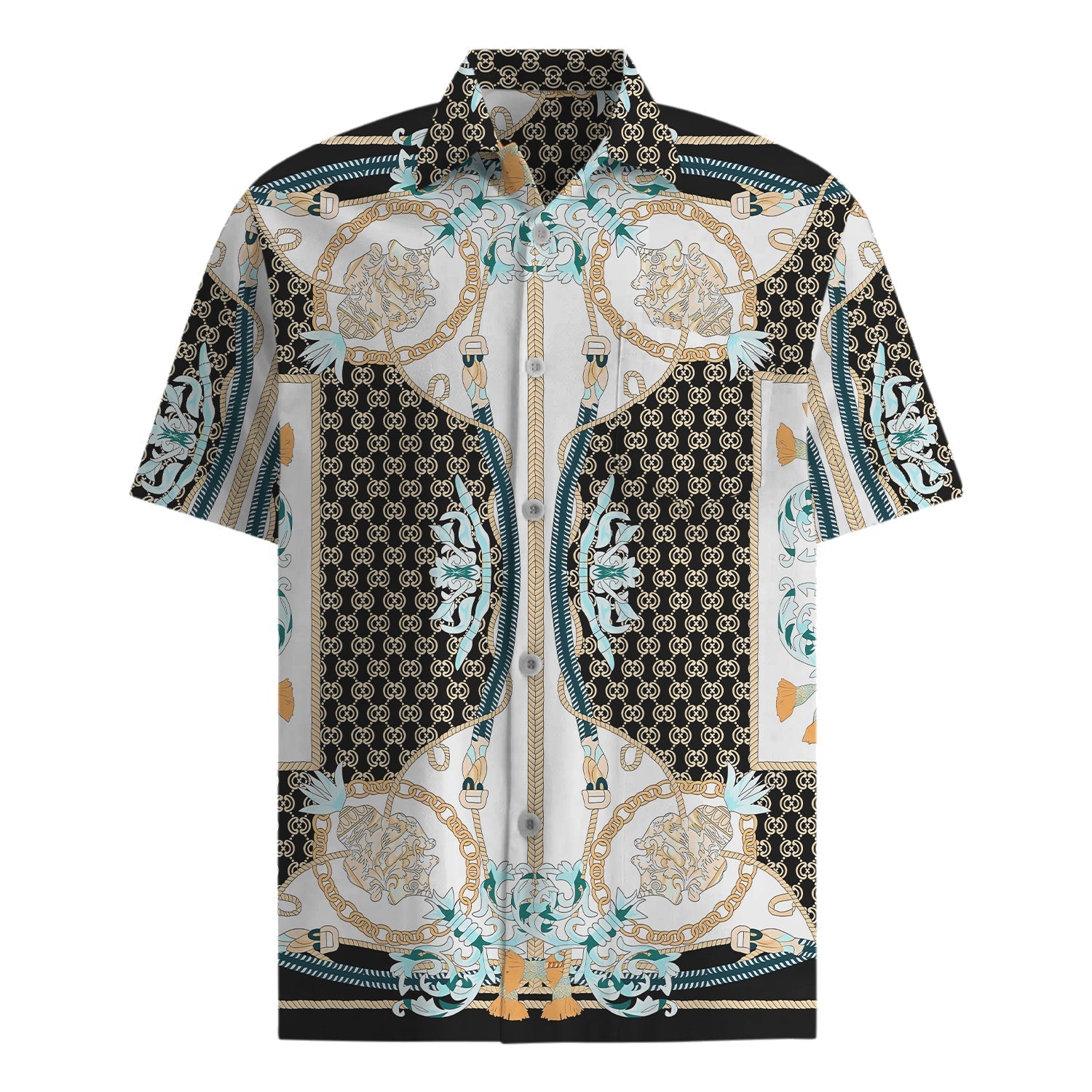 Classic Pattern Short Sleeve Shirt with Chain and Rope Accents Jonvidesign