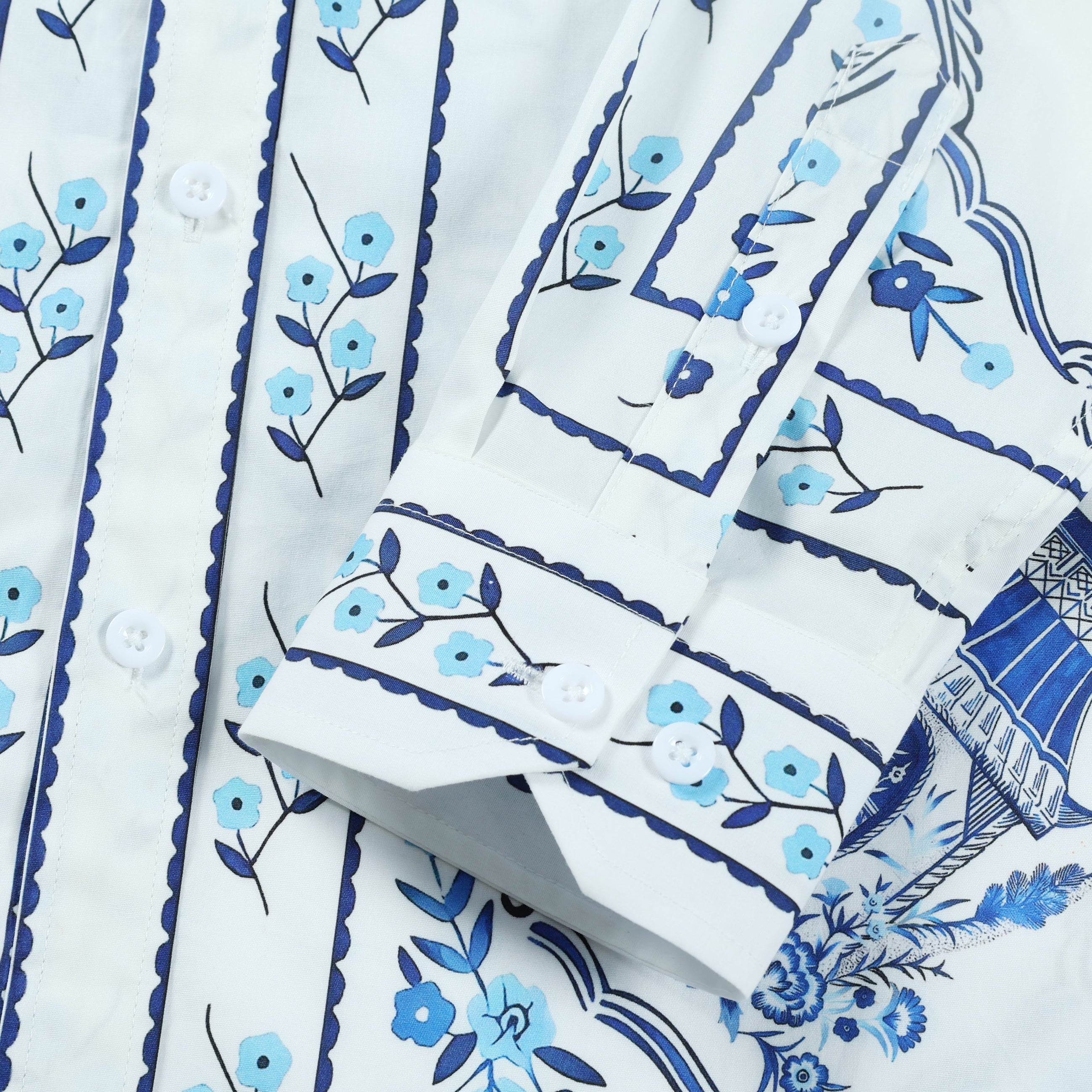 Floral Palace Pattern Long Sleeve Button Down Shirt in Blue Jonvidesign