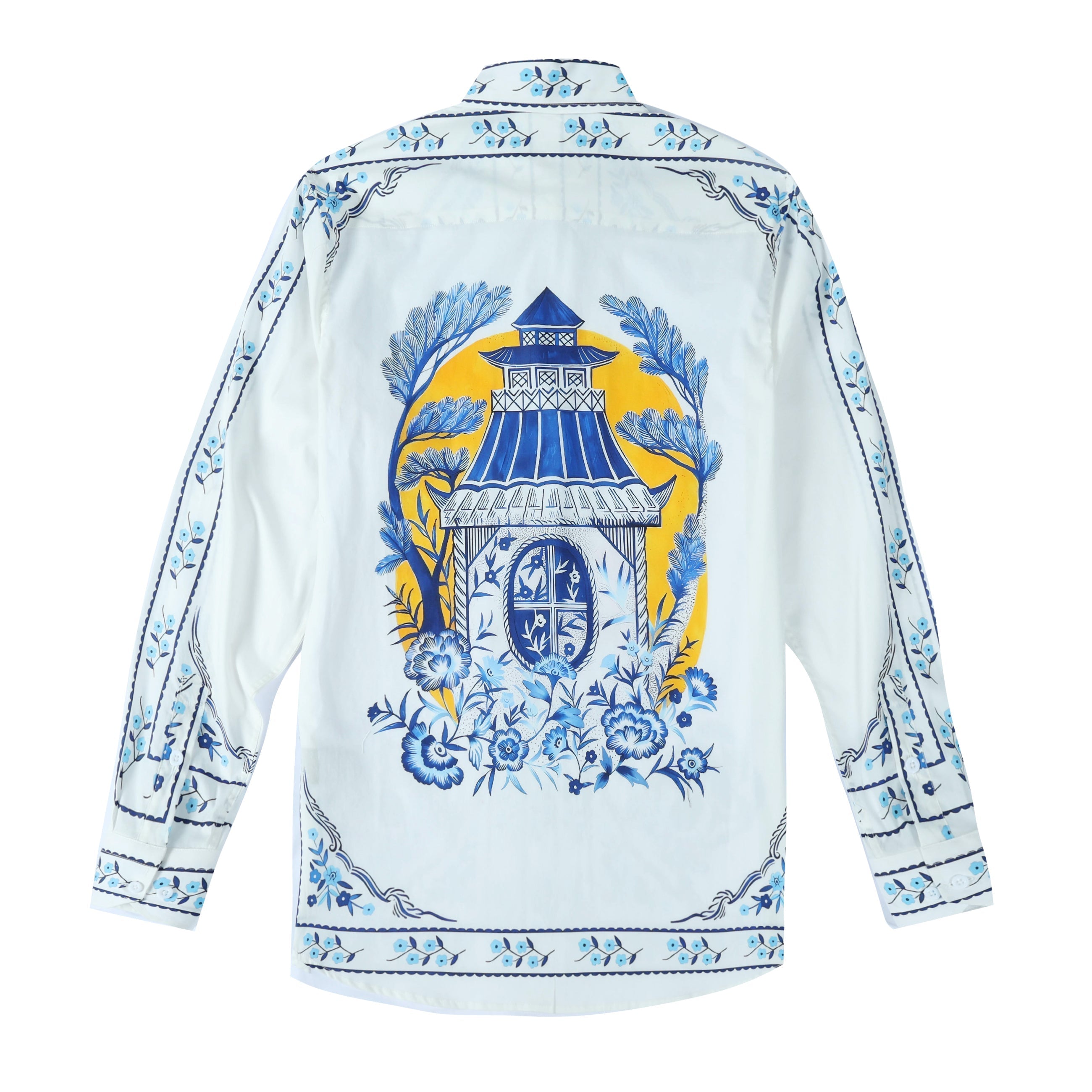 Floral Palace Pattern Long Sleeve Button Down Shirt in Blue Jonvidesign