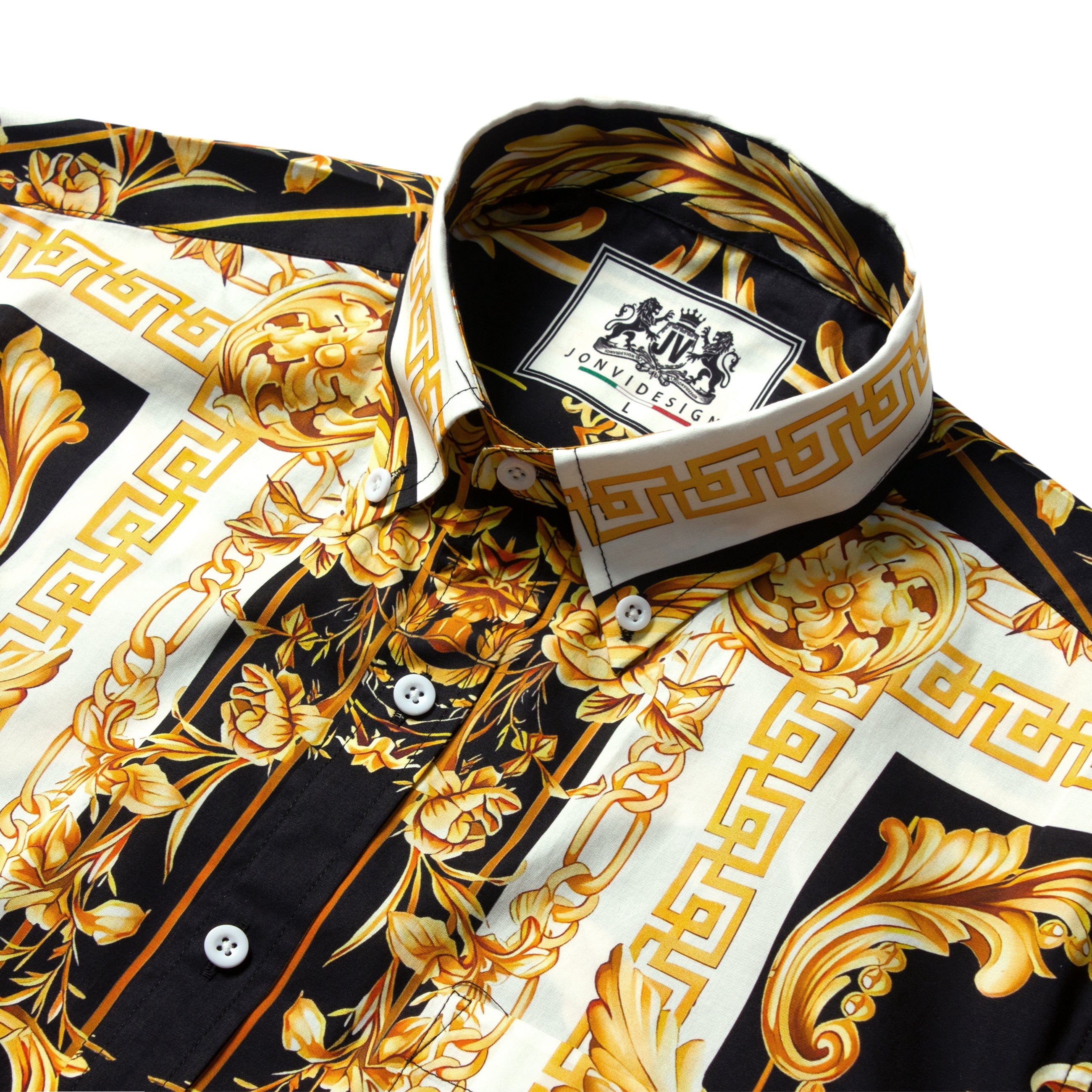 Golden Baroque Pattern Long Sleeve Button Down Casual Shirt Jonvidesign