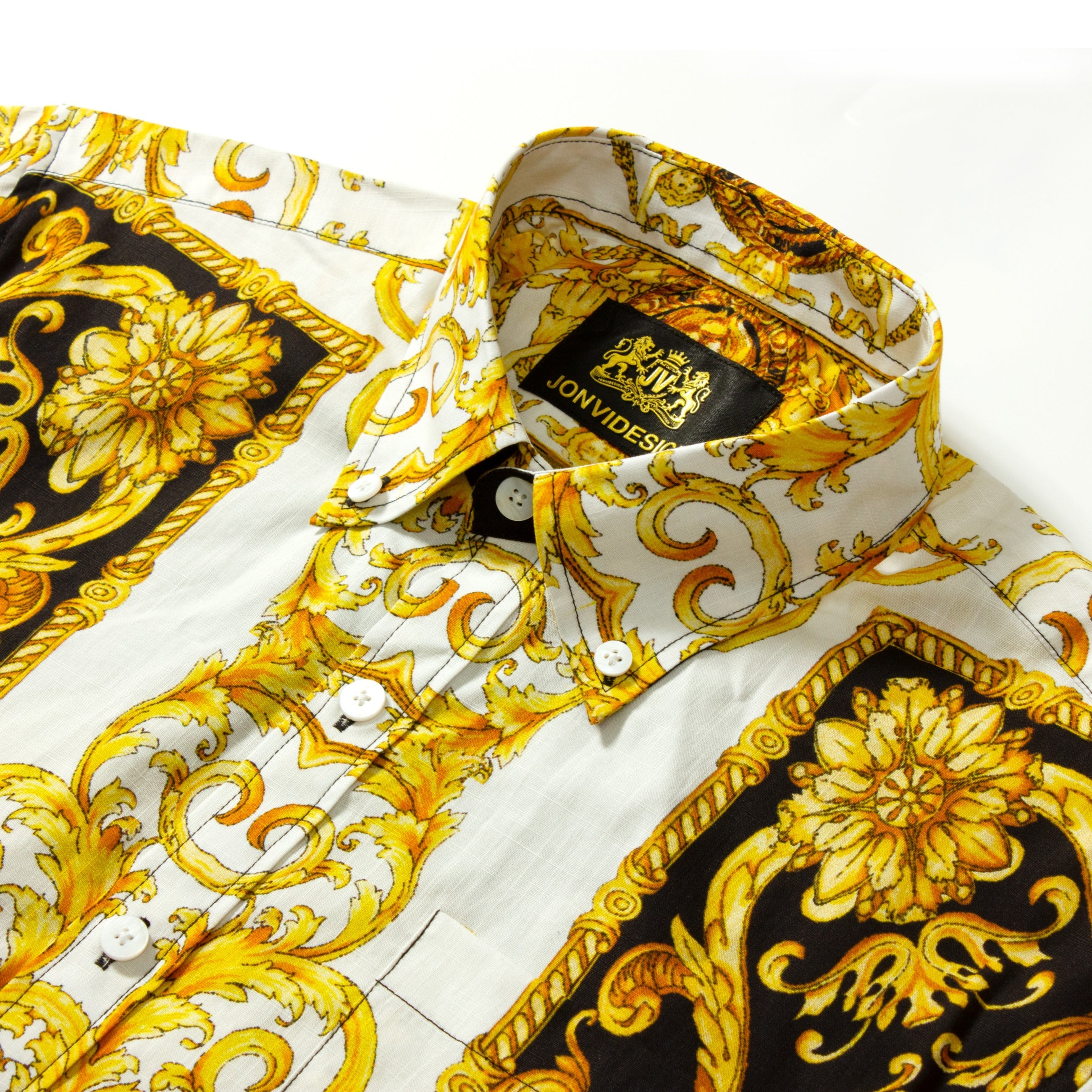 Golden Baroque Pattern Short Sleeve Shirt for Men Jonvidesign