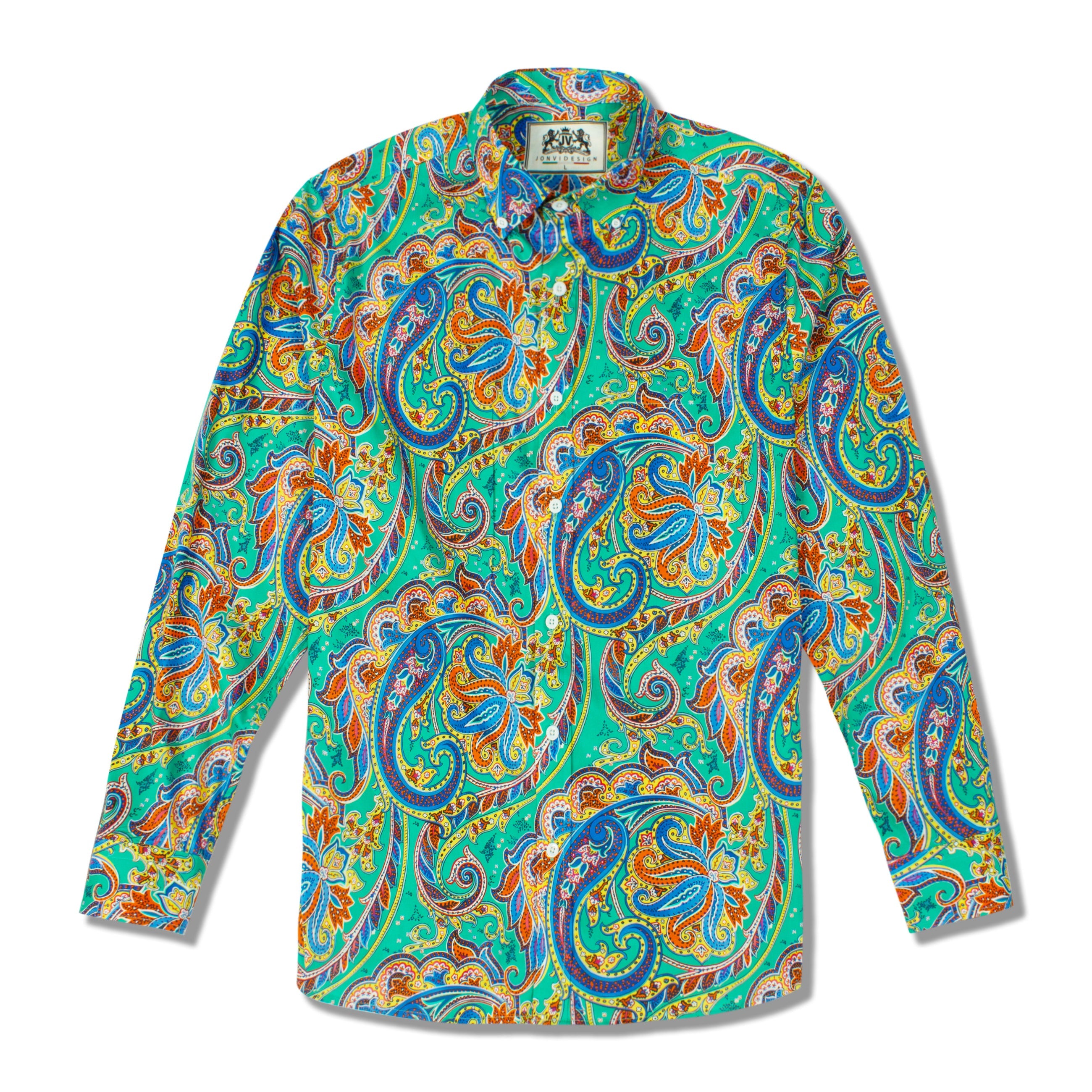 Green Paisley Pattern Long Sleeve Button Down Shirt Jonvidesign