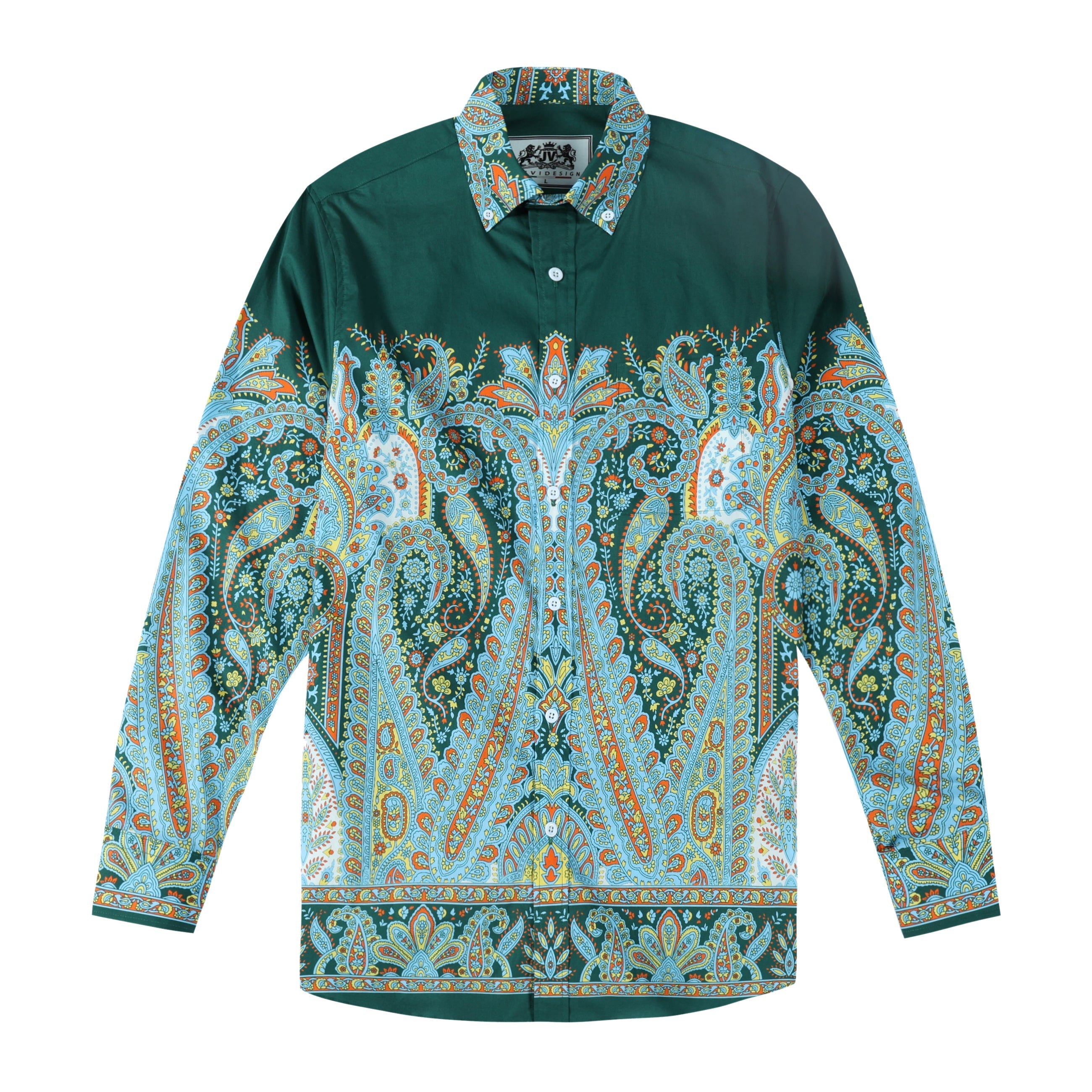 Green Paisley Print Button Down Long Sleeve Casual Shirt Jonvidesign