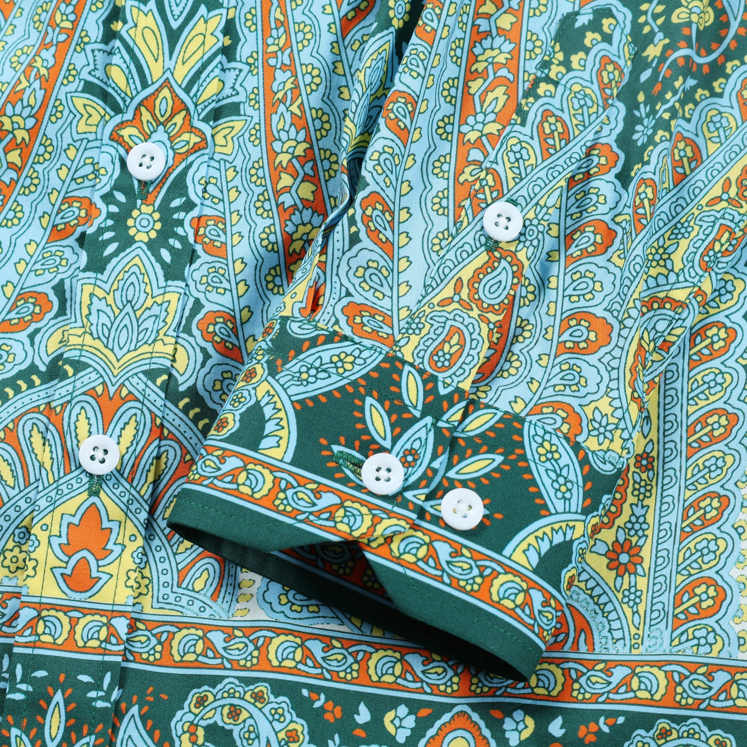 Green Paisley Print Button Down Long Sleeve Casual Shirt Jonvidesign