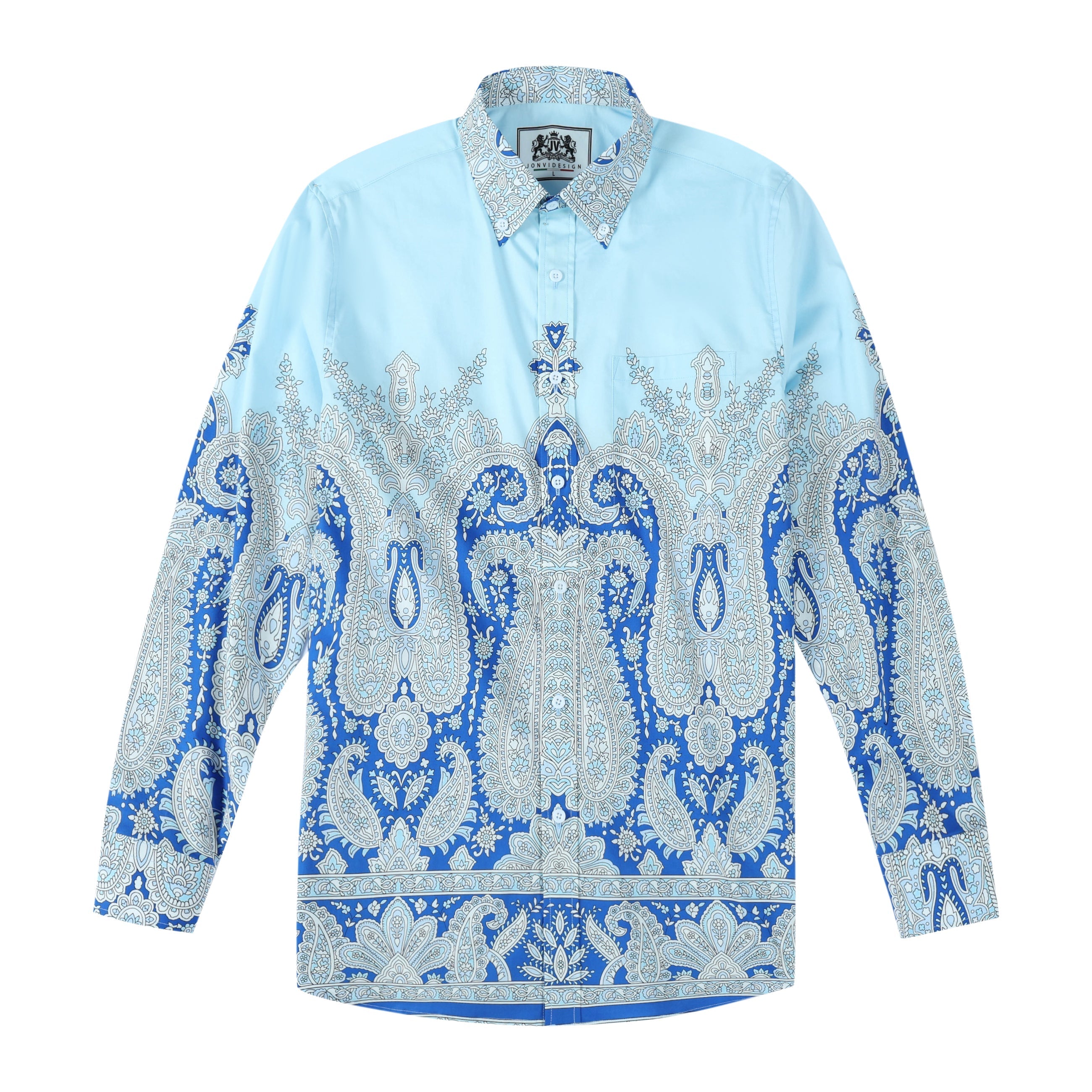 Grey Blue Paisley Pattern Long Sleeve Button Down Shirt Jonvidesign