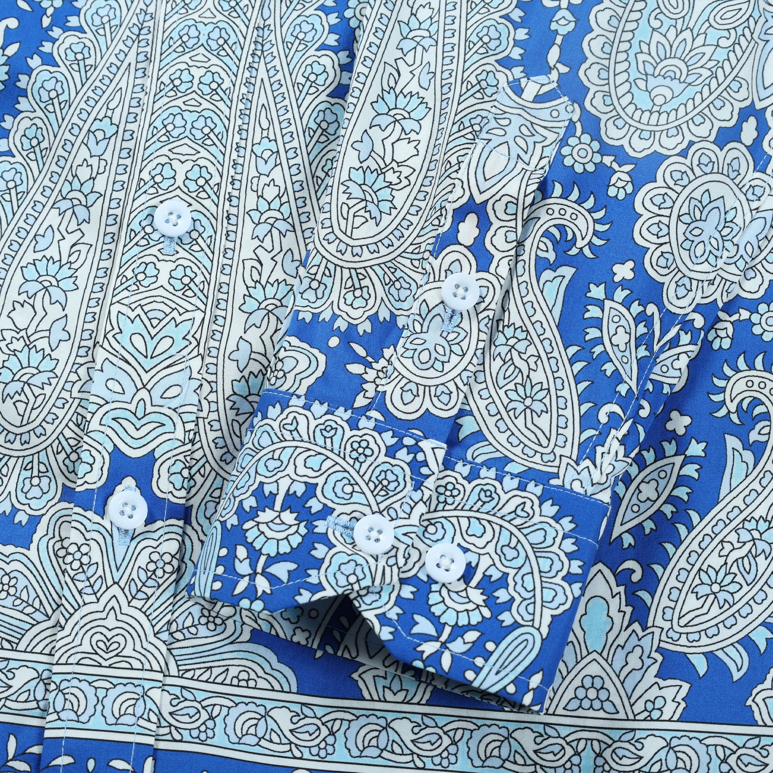 Grey Blue Paisley Pattern Long Sleeve Button Down Shirt Jonvidesign