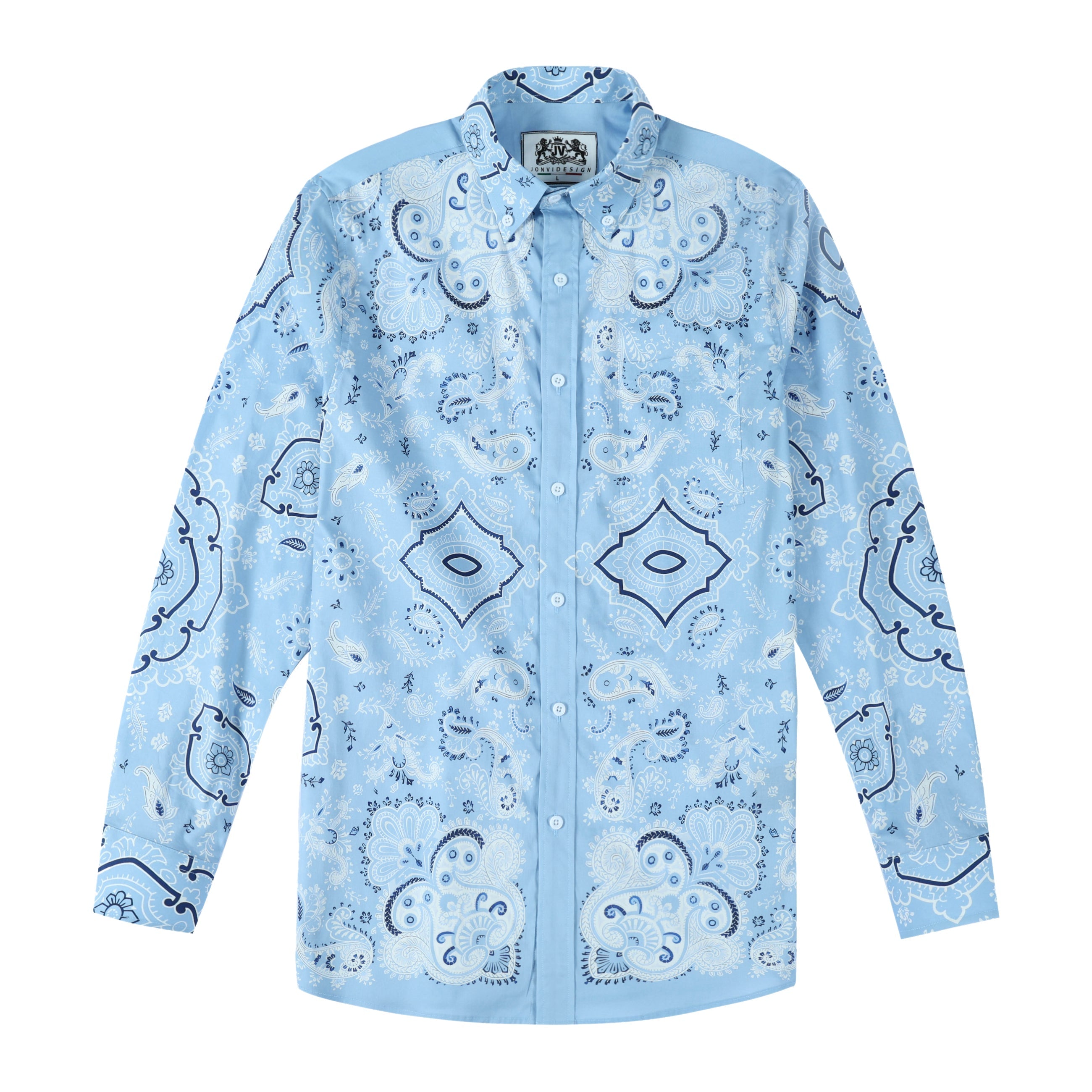 Light Blue Paisley Pattern Long Sleeve Button Down Casual Shirt Jonvidesign