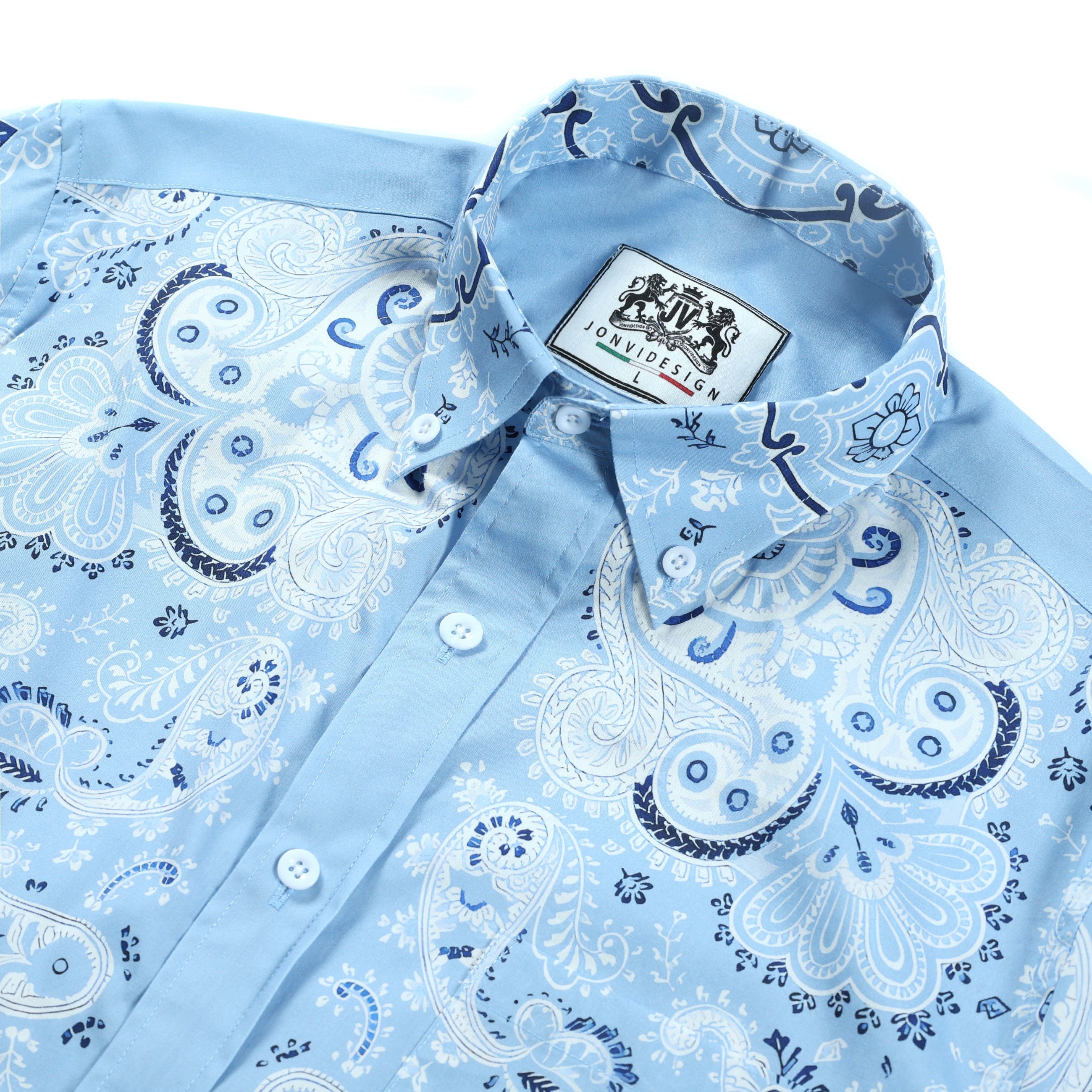 Light Blue Paisley Pattern Long Sleeve Button Down Casual Shirt Jonvidesign